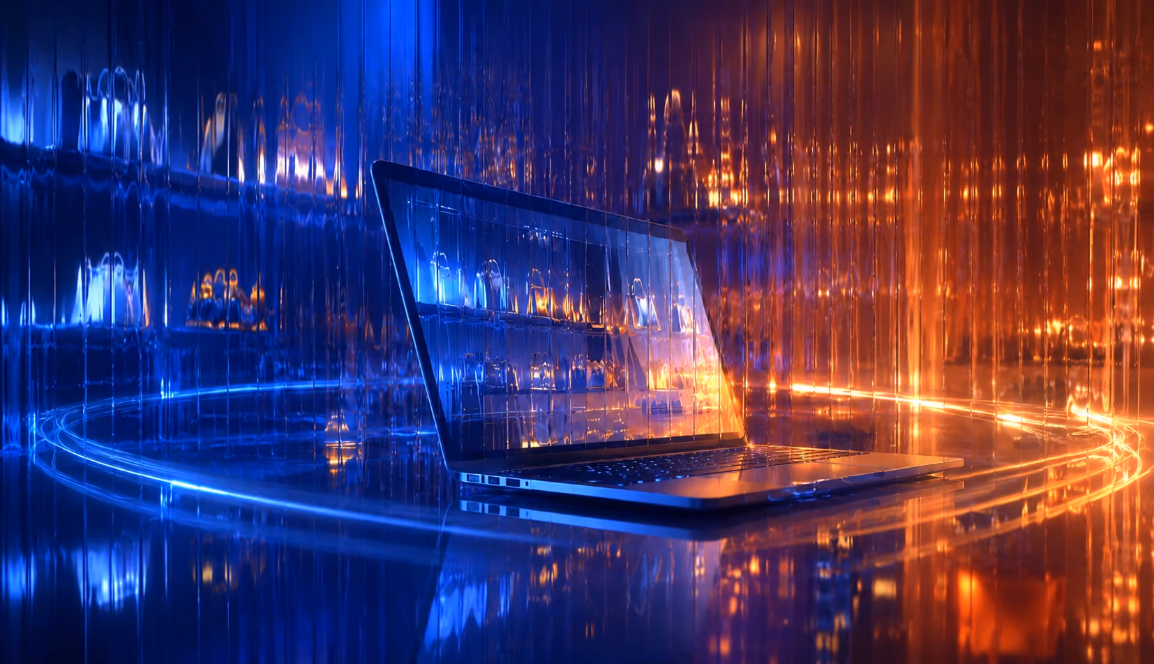 Fluted glass ecommerce graphic showing a laptop surrounded by blue and amber light trails in a futuristic digital shopping environment.