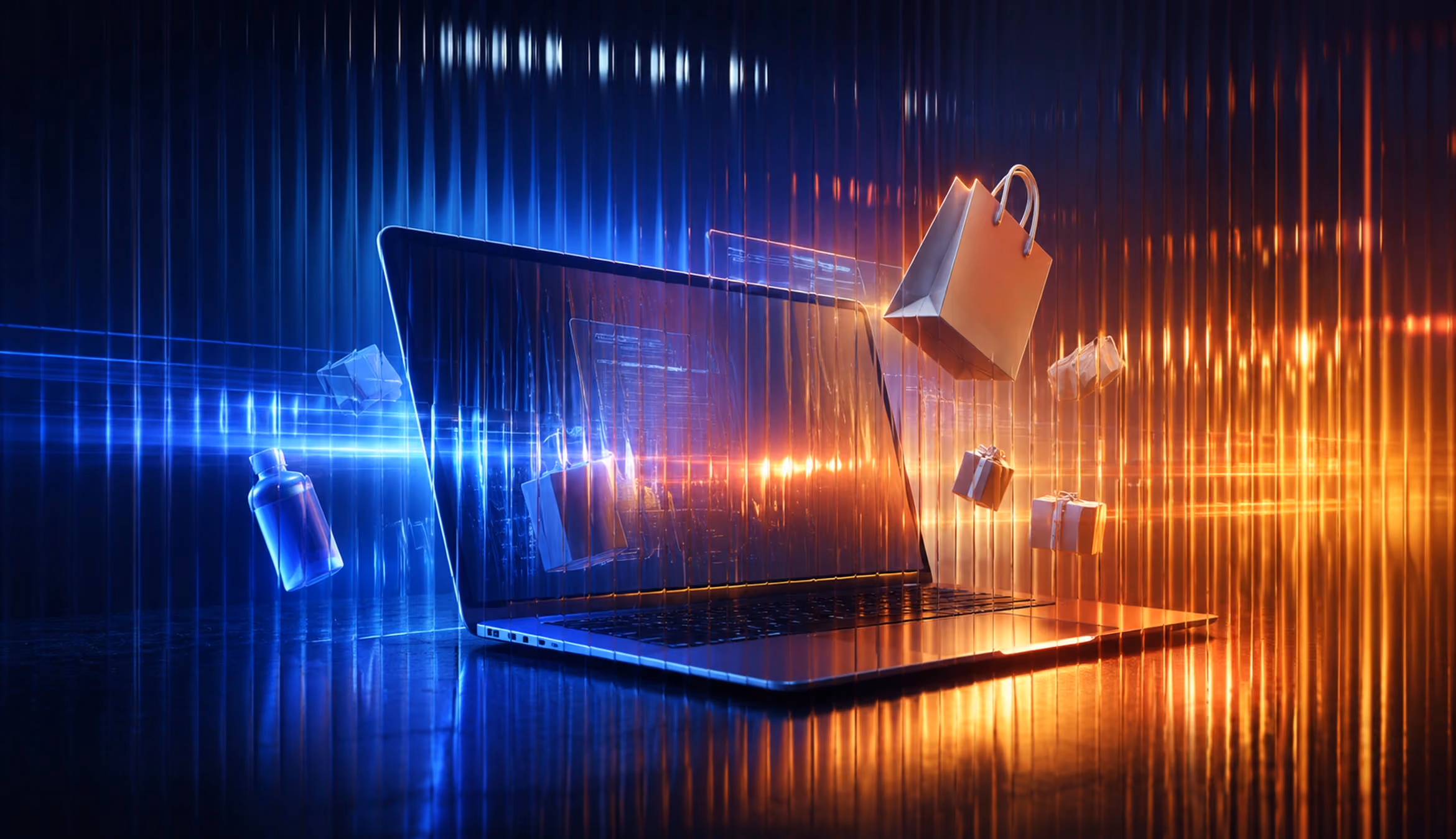 Fluted glass ecommerce graphic showing a laptop with floating shopping items, blue and amber light streaks, and a futuristic digital retail atmosphere.