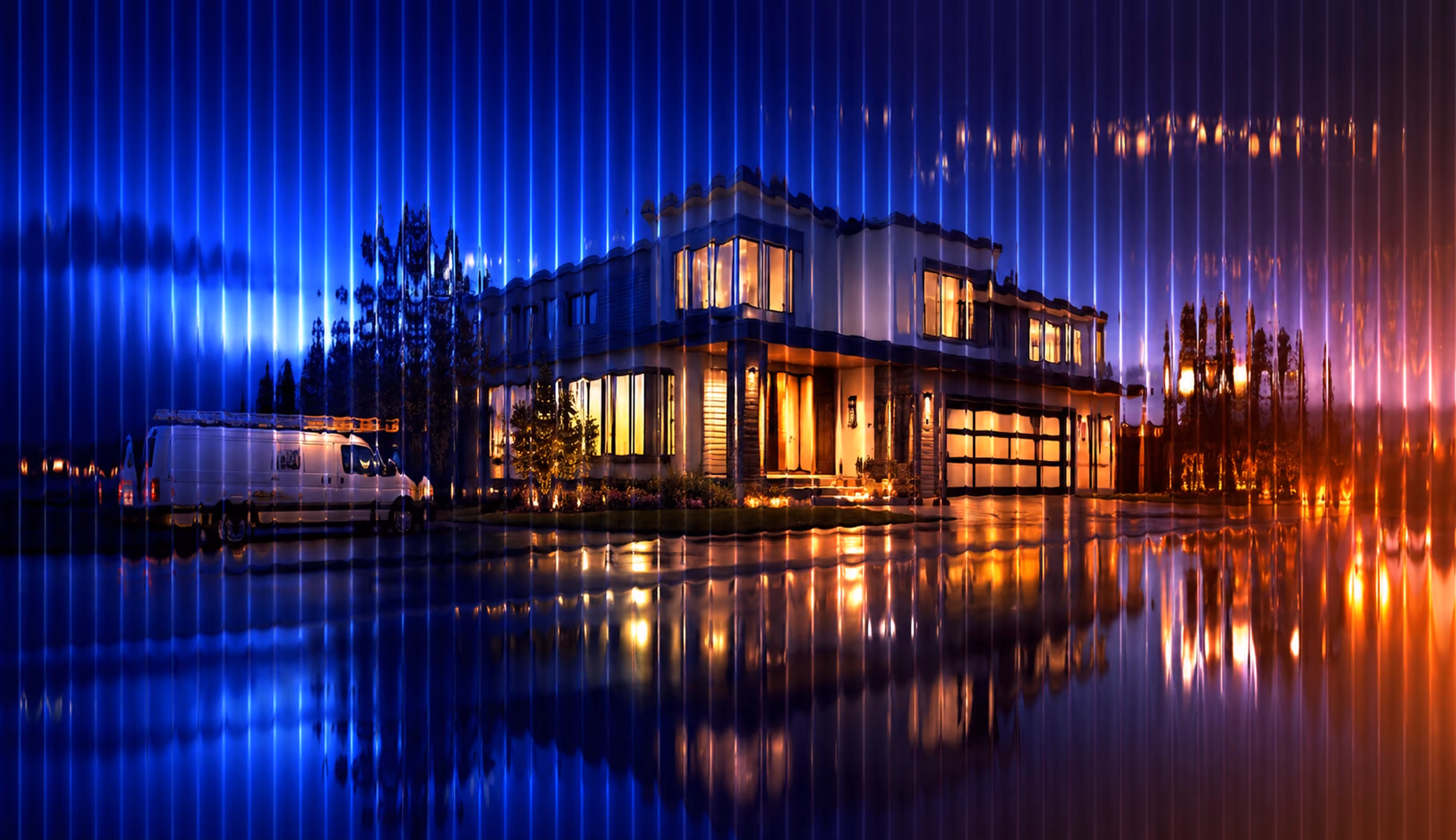 Fluted glass home services graphic showing a modern home at night with a service van, blue lighting, warm interior glow, and reflective light streaks.