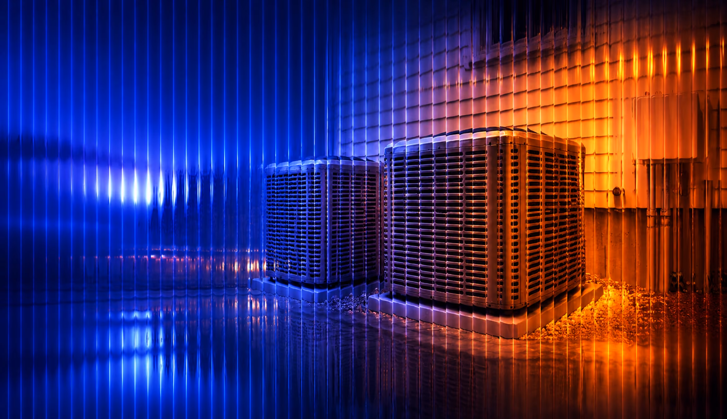 Fluted glass home services HVAC graphic showing outdoor condensing units beside a house with blue and amber lighting and reflective light streaks.