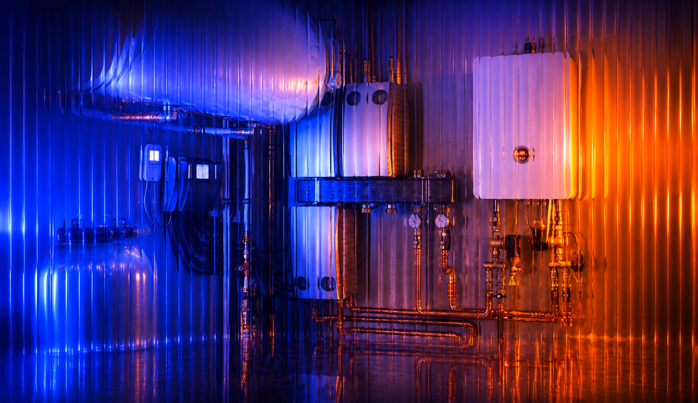 Fluted glass home services graphic showing a utility room with water heater equipment, copper piping, blue lighting, and warm amber reflections.