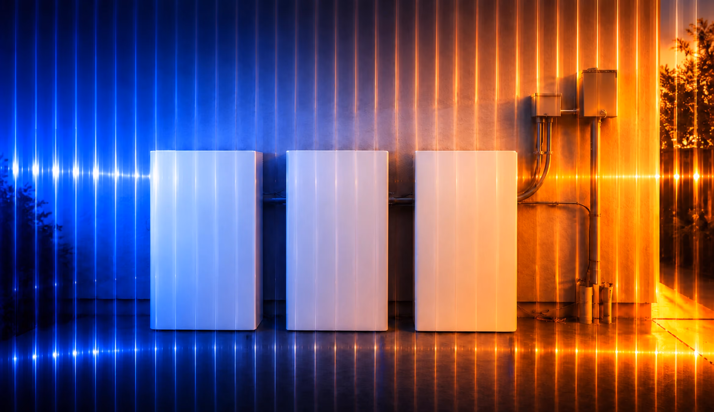 Fluted glass whole home battery backup graphic showing three clean battery units with blue and amber lighting, electrical conduit, and reflective light streaks.