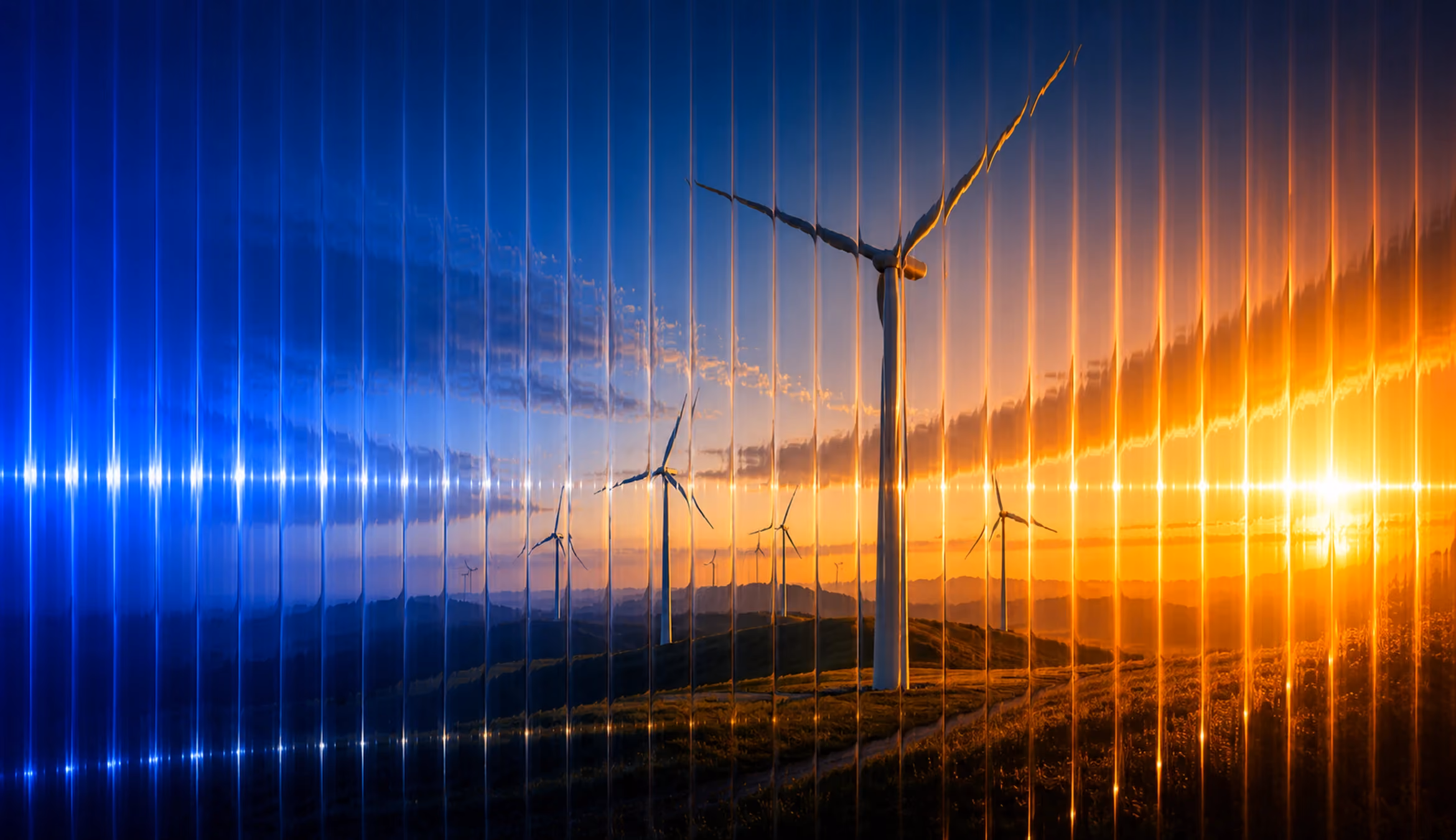 Fluted glass renewable energy graphic showing wind turbines across rolling hills at sunset with blue and amber lighting and cinematic light streaks.