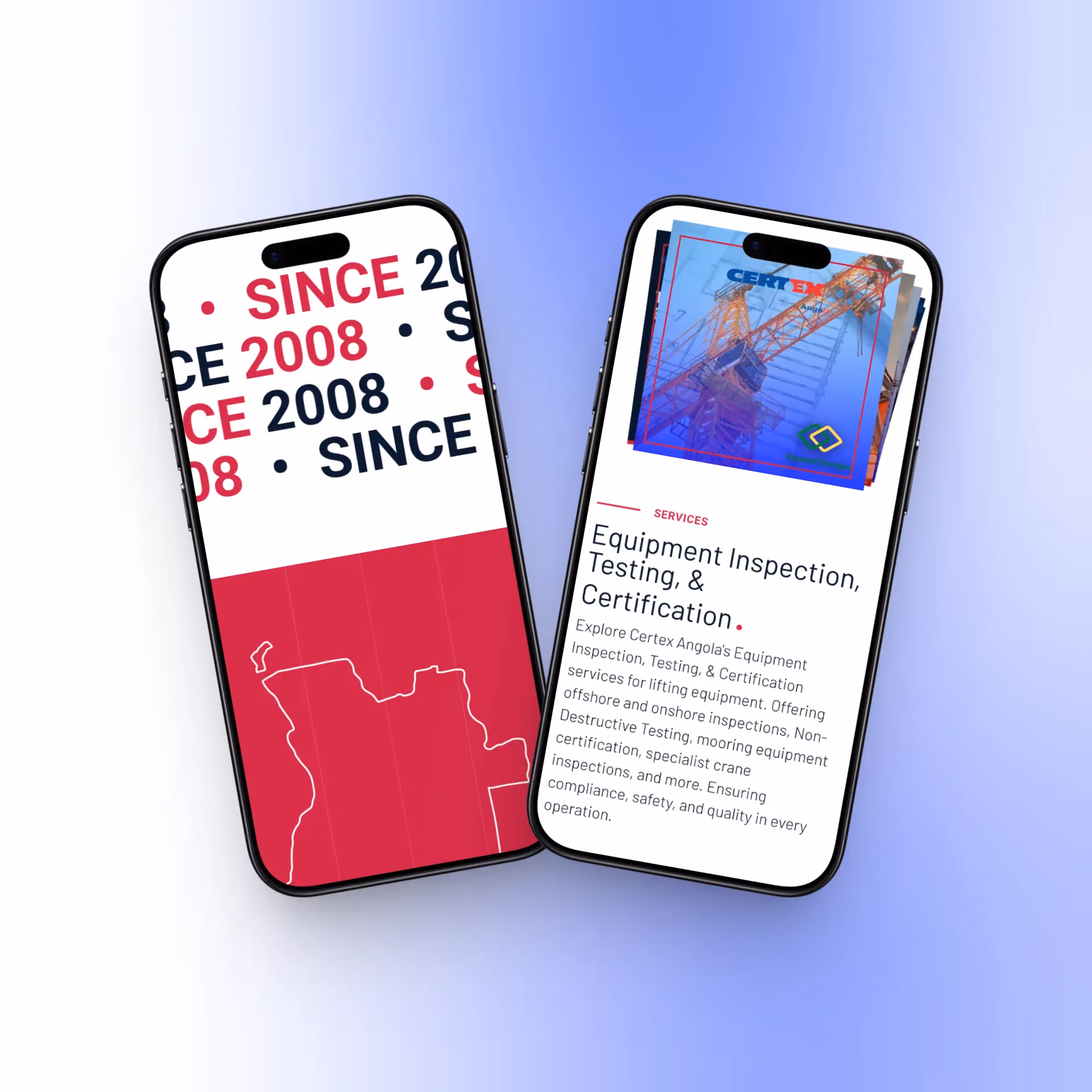 Mobile website mockup for Certex Angola showing equipment inspection, testing, and certification services for the oil and gas industry.