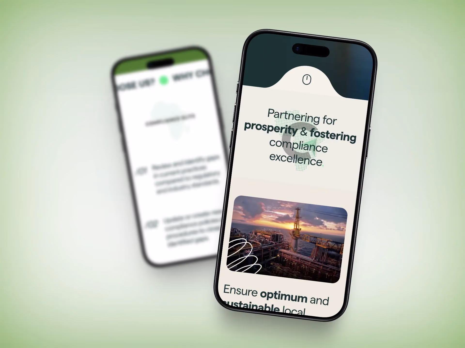 Mobile website mockup for Compliance Elite showing oil and gas consulting, compliance excellence messaging, and offshore industry imagery.