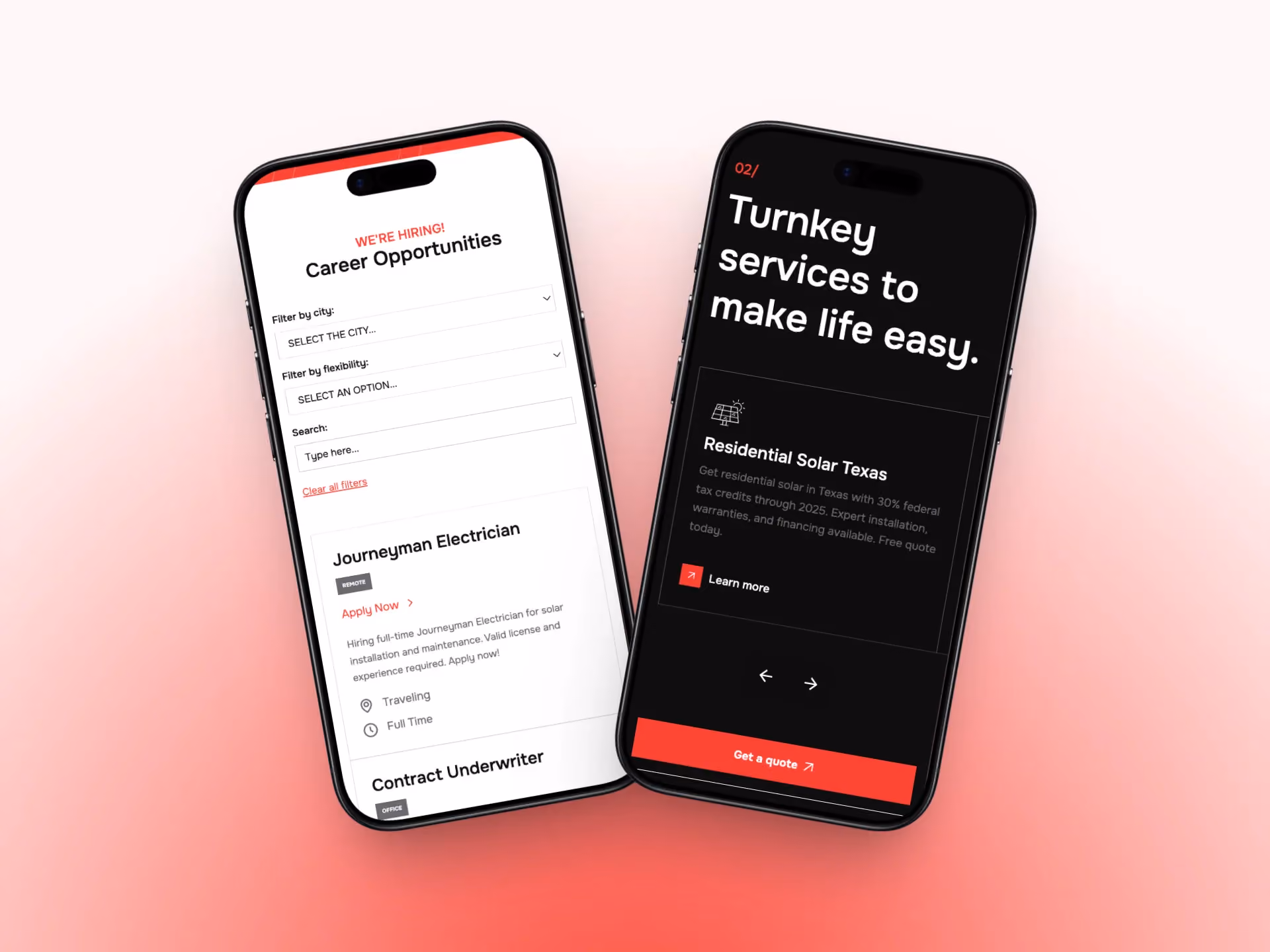Mobile website mockup for a renewable energy company showing solar service offerings and career opportunities on two phone screens.