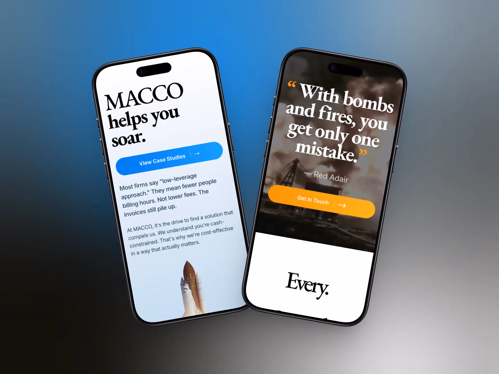 Mobile website mockup for MACCO showing professional services messaging, case studies, and consulting-focused call-to-action screens.