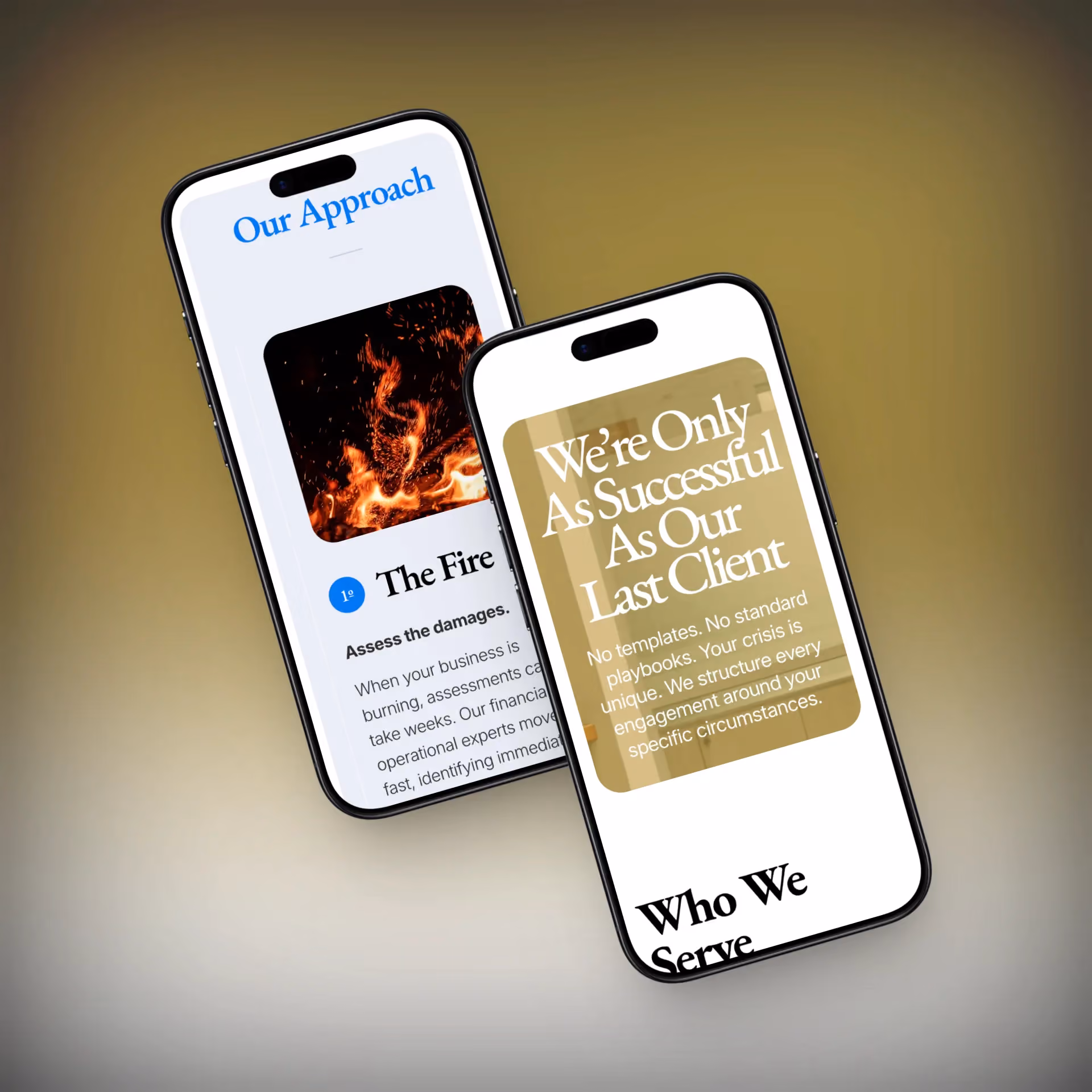 Mobile website mockup for MACCO showing crisis management, client success messaging, and a professional services approach page.