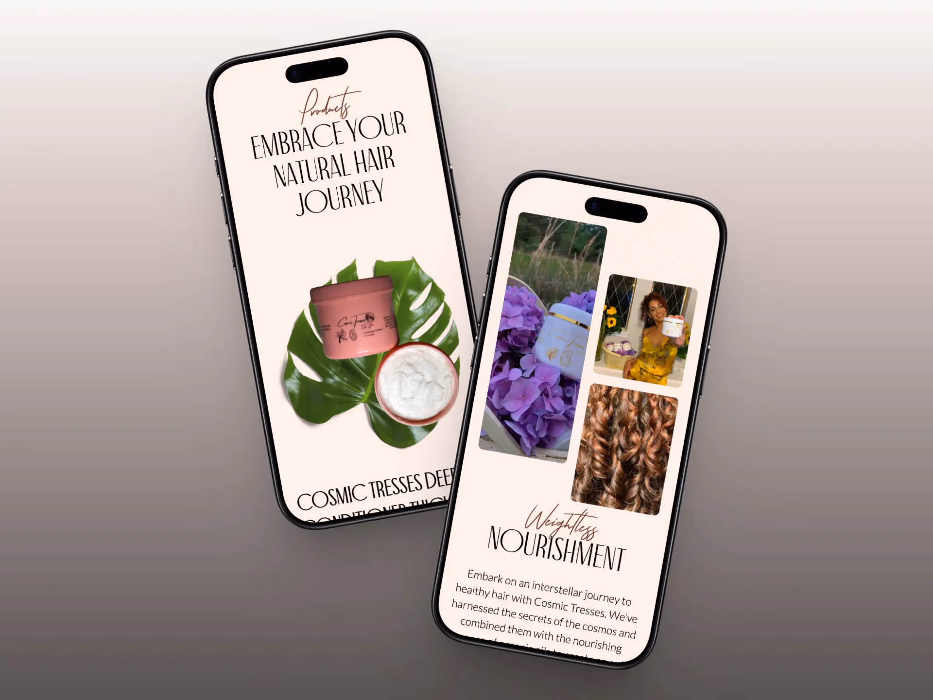 Mobile ecommerce website mockup for Cosmic Tresses showing natural hair care products and weightless nourishment messaging.