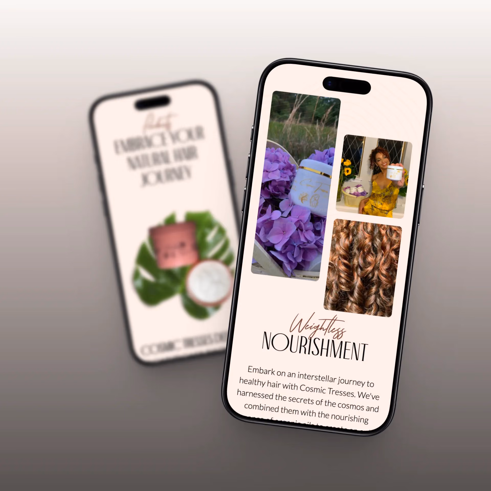 Mobile ecommerce website mockup for Cosmic Tresses featuring product photography, natural hair imagery, and weightless nourishment content.