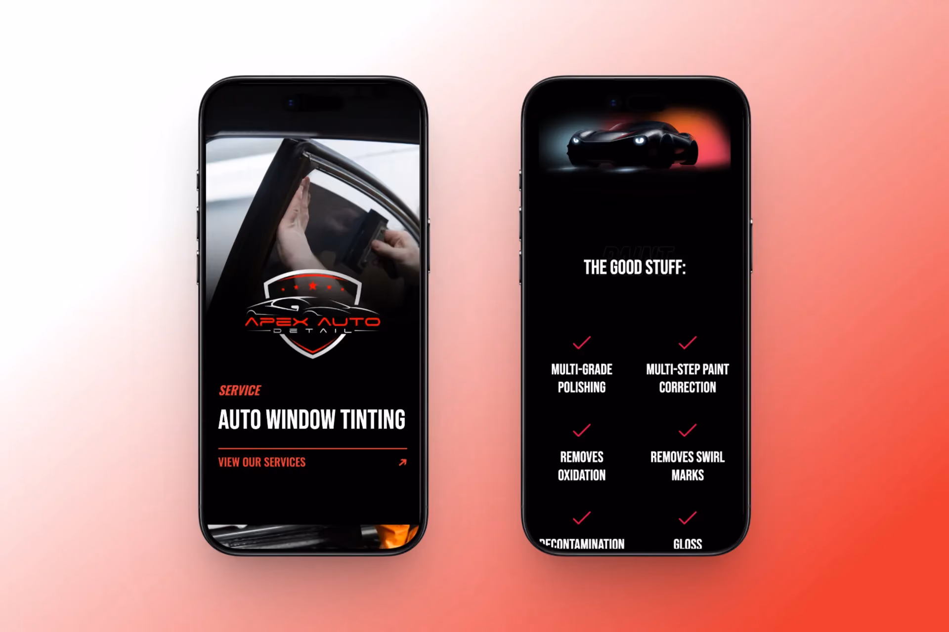 Mobile website mockup for Apex Auto Detail showing auto window tinting service content and paint correction benefits.