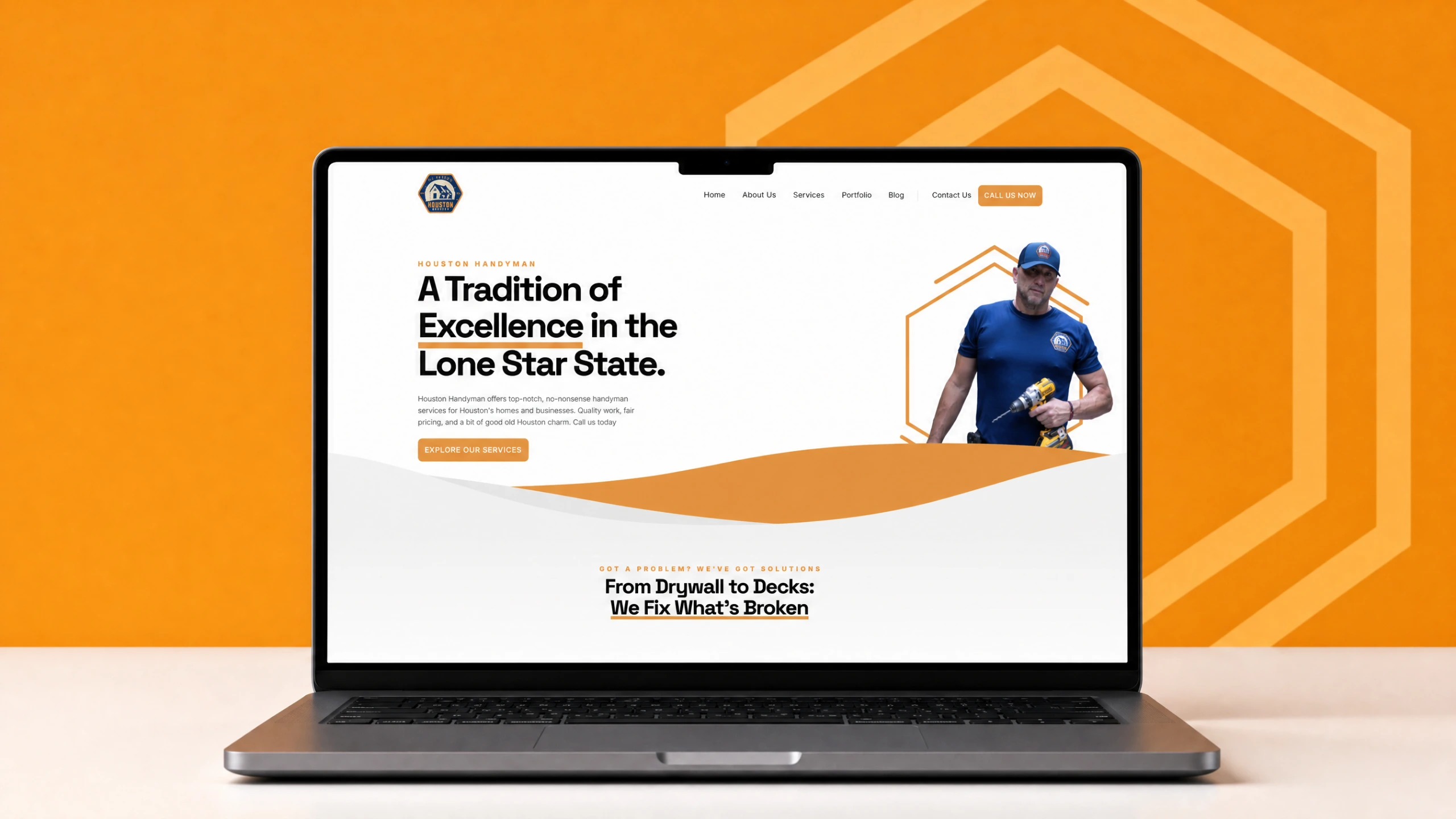 Modern rebrand of the Houston Handyman website shown on a laptop with orange hexagon backdrop