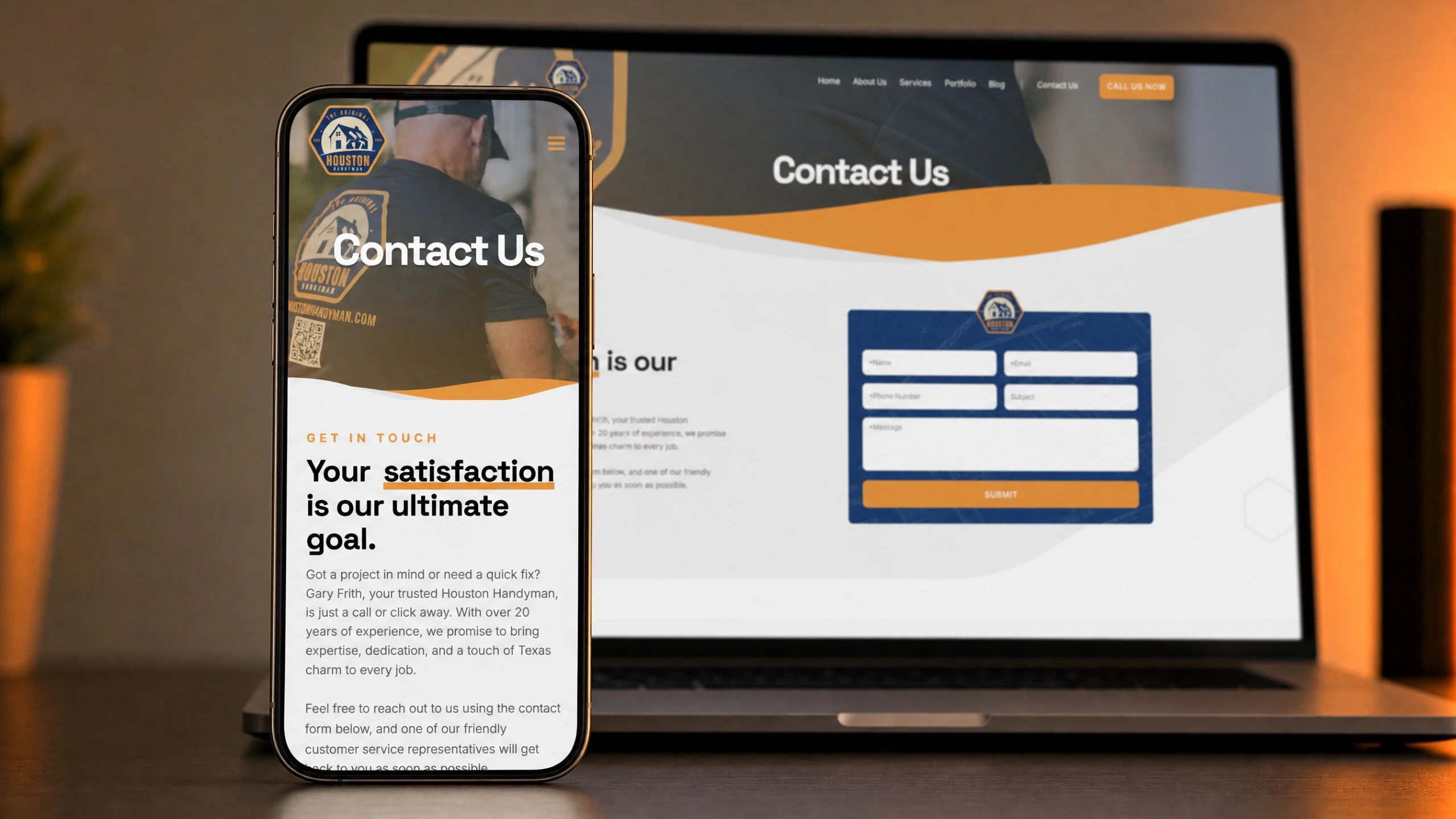 Houston Handyman booking page on a smartphone with laptop in the background