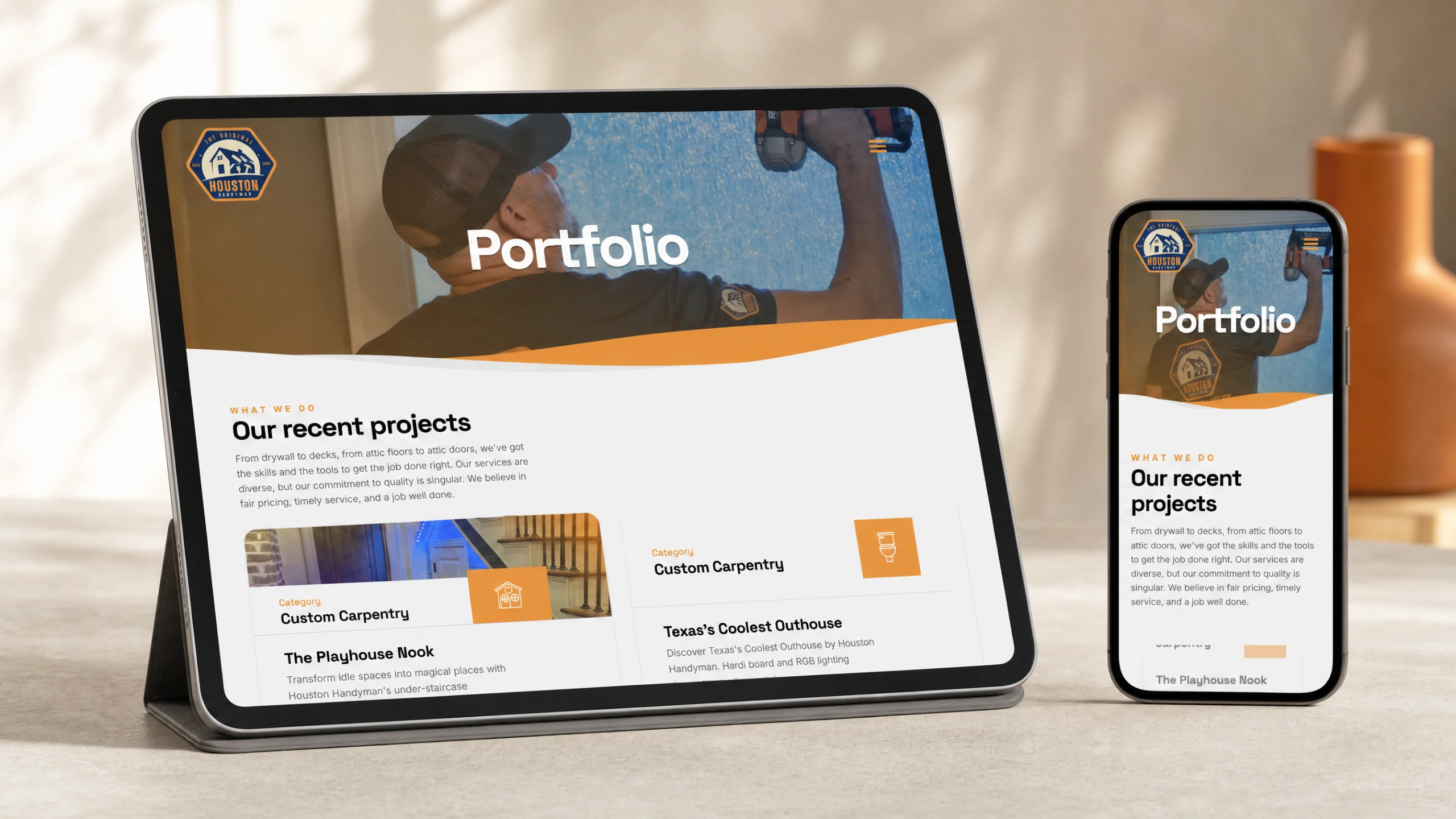 Houston Handyman portfolio pages on tablet and phone