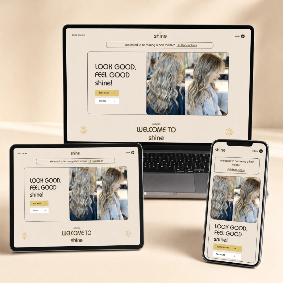 Responsive Shine in the Heights salon website on three devices