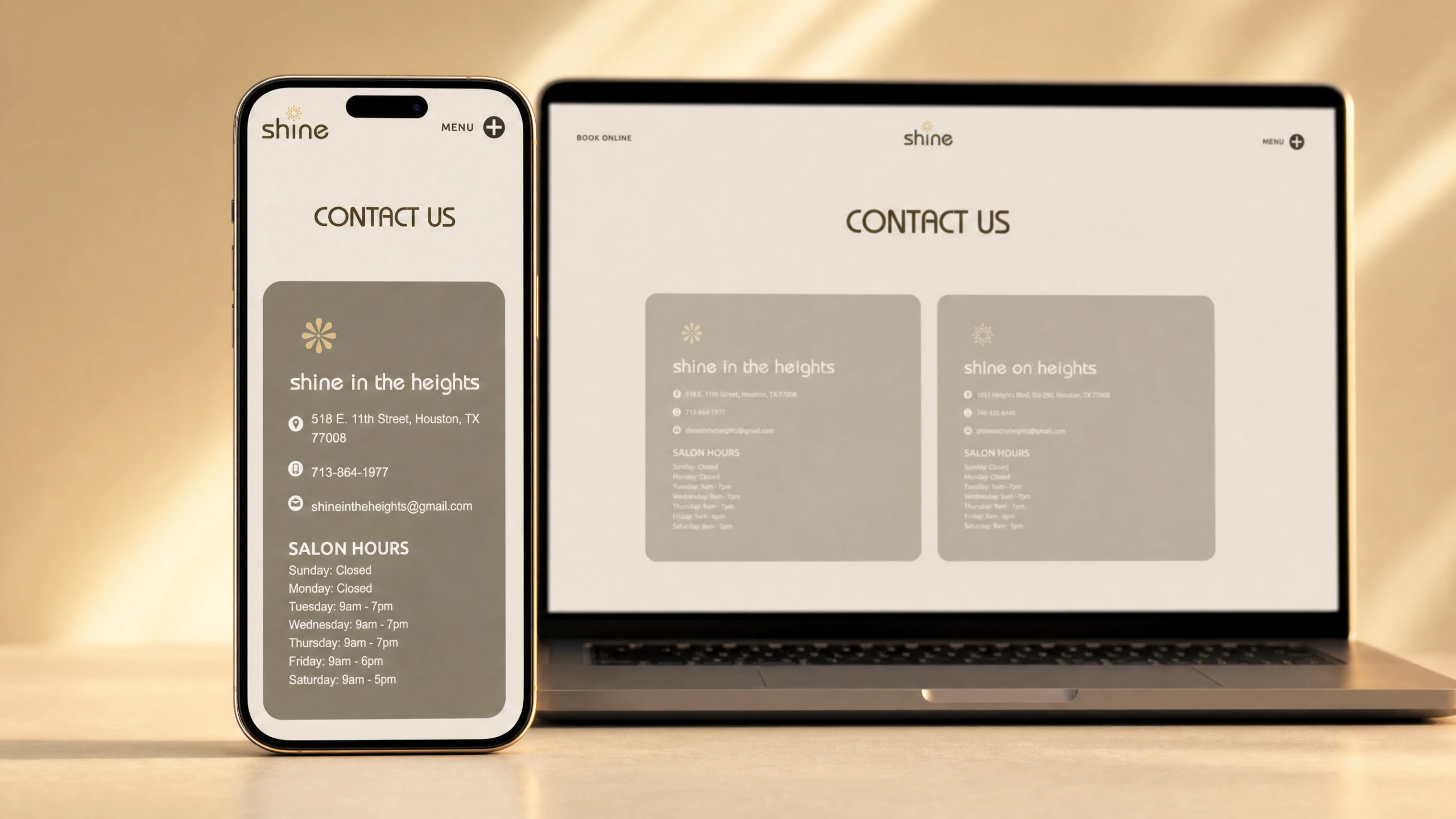 Shine in the Heights online booking page on a smartphone with laptop in the background