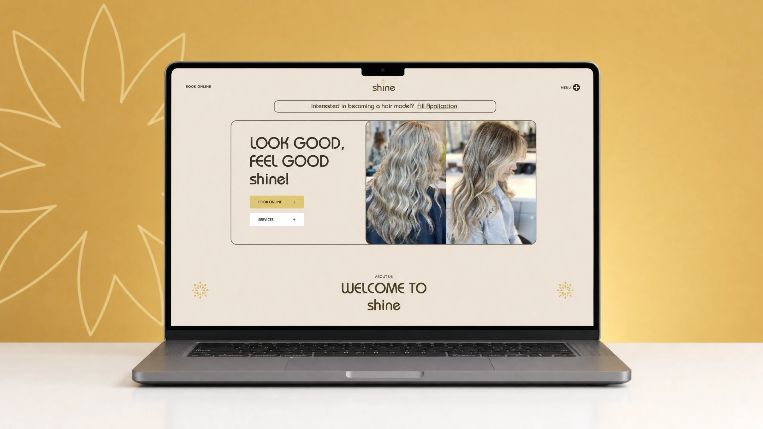 Modern rebrand of the Shine in the Heights salon website on a laptop with gold starburst backdrop