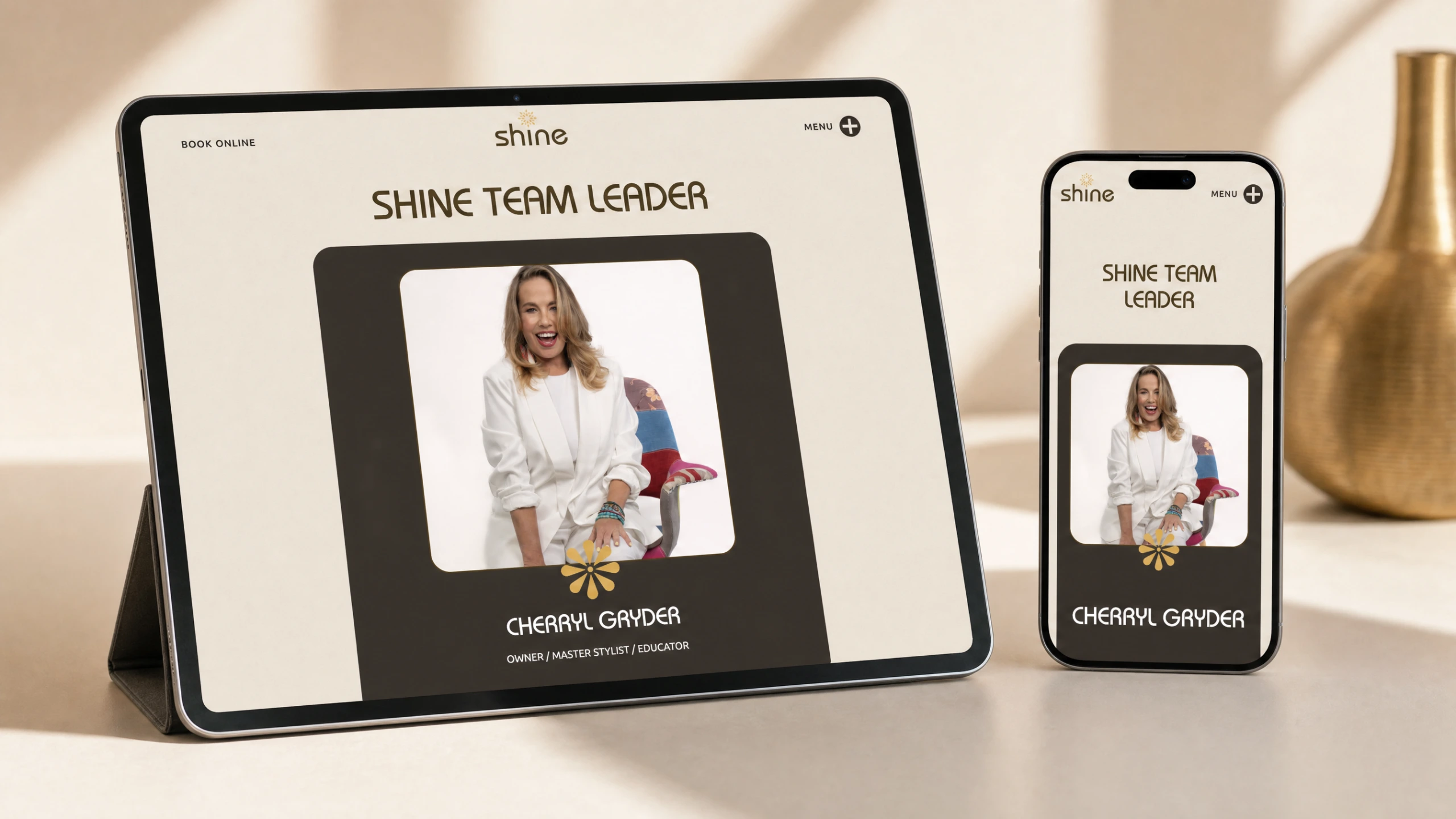 Shine in the Heights stylist team pages on tablet and phone