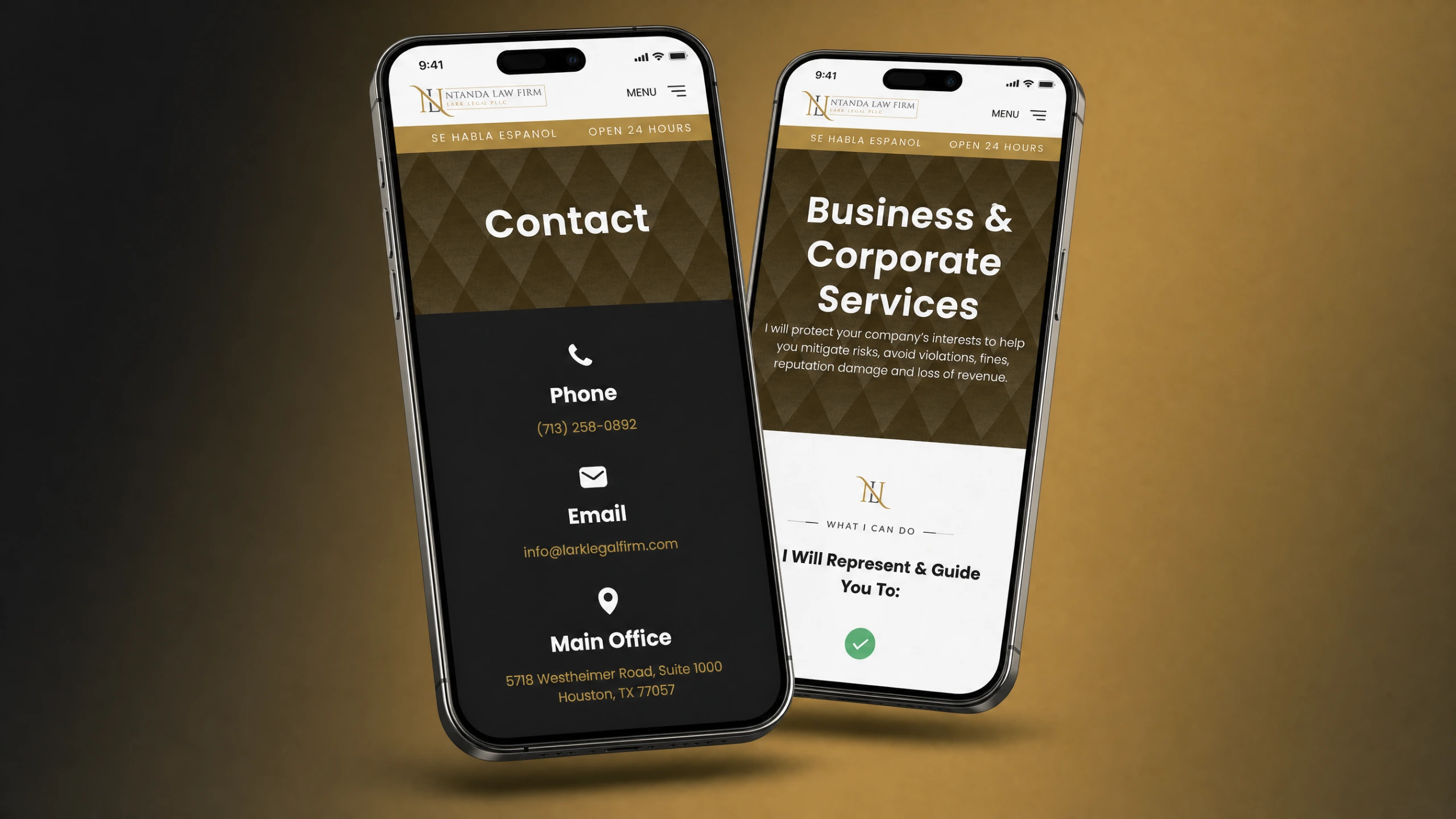 Ntanda Law Firm practice area pages on two phones over a black-to-gold gradient