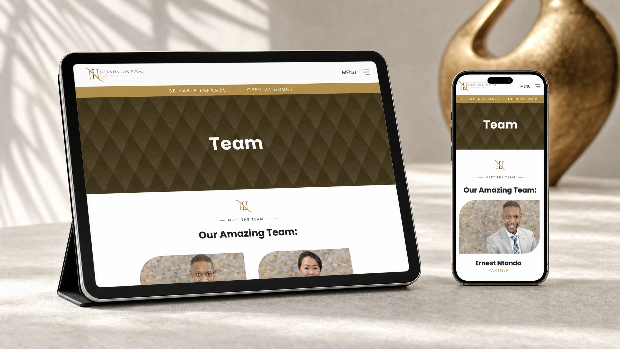 Ntanda Law Firm bilingual team pages on tablet and phone
