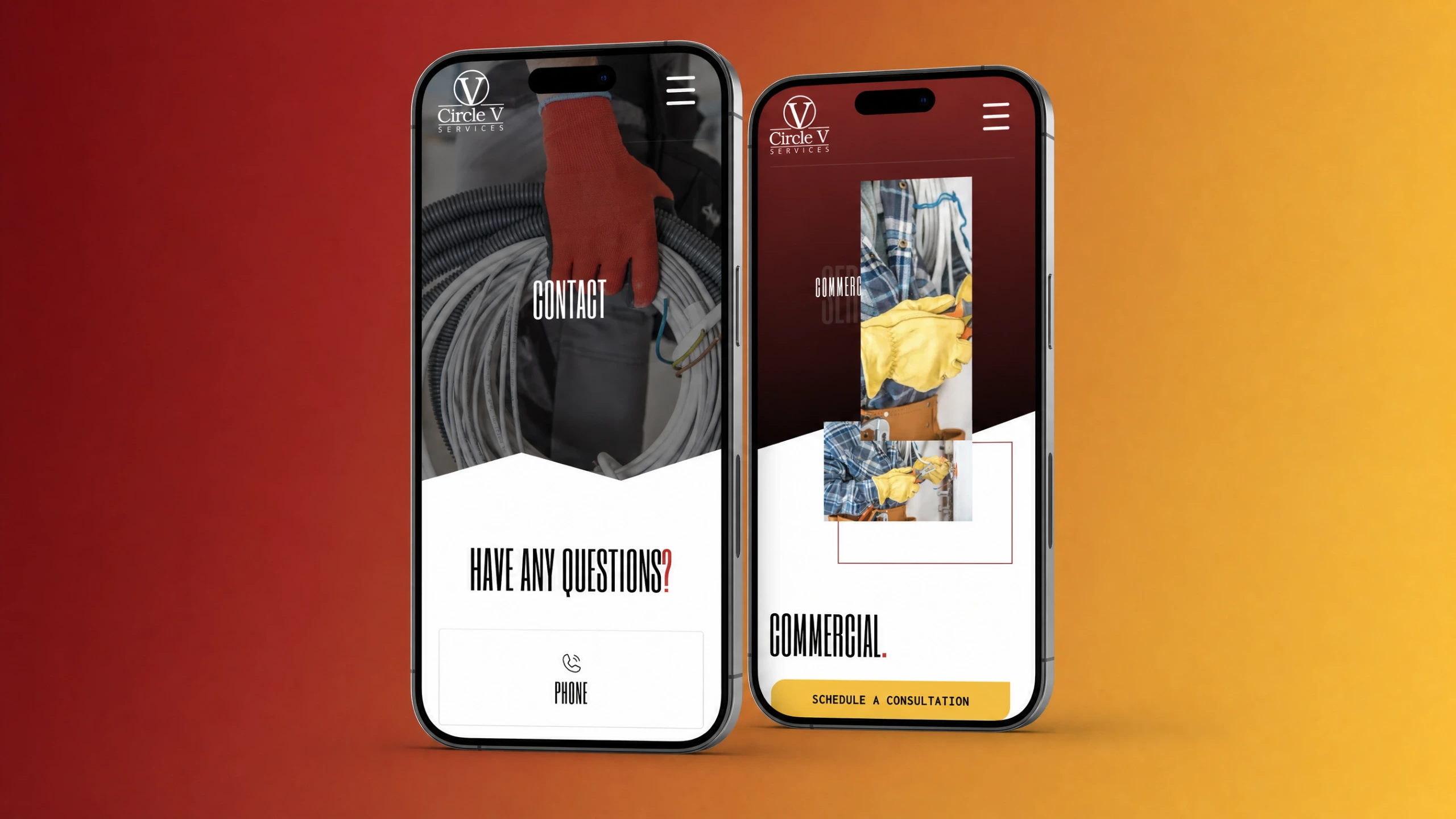 Circle V Services contact and commercial pages on two phones over a red-to-gold gradient