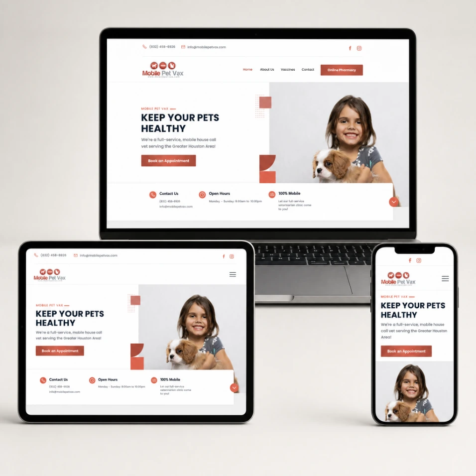 Responsive Mobile Pet Vax website on a laptop tablet and phone cluster