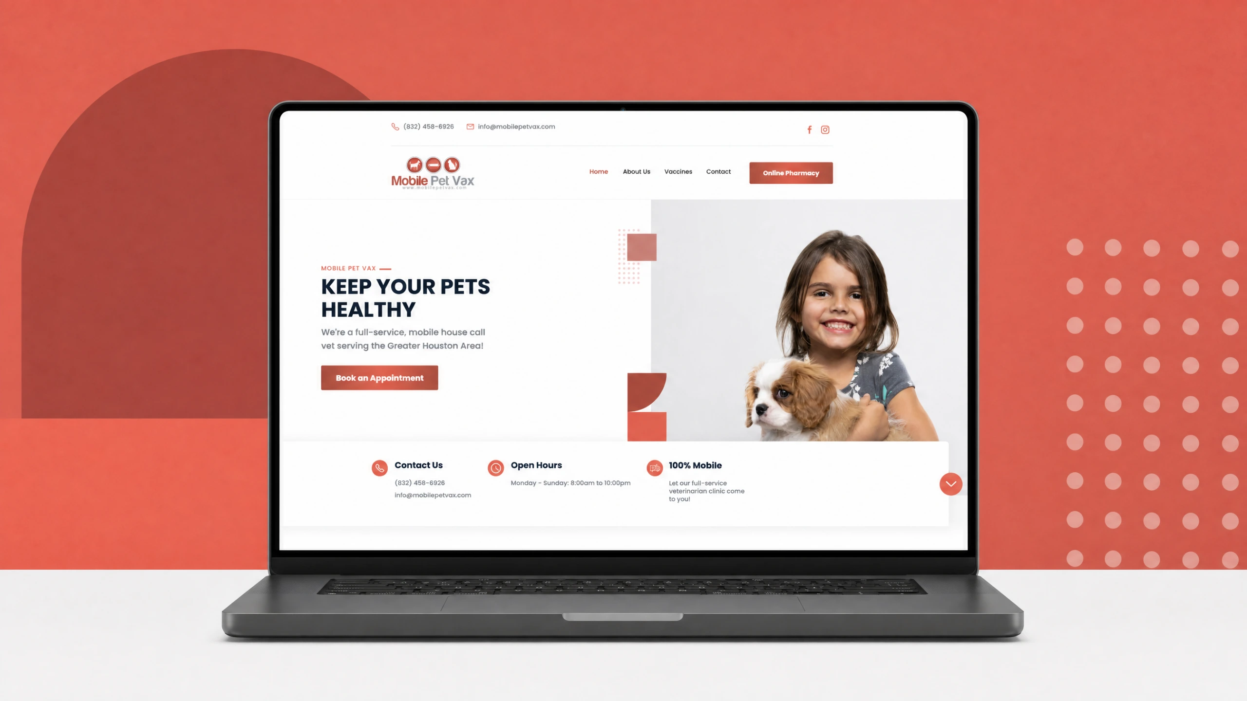 Mobile Pet Vax rebranded website on a laptop with a terracotta coral backdrop panel