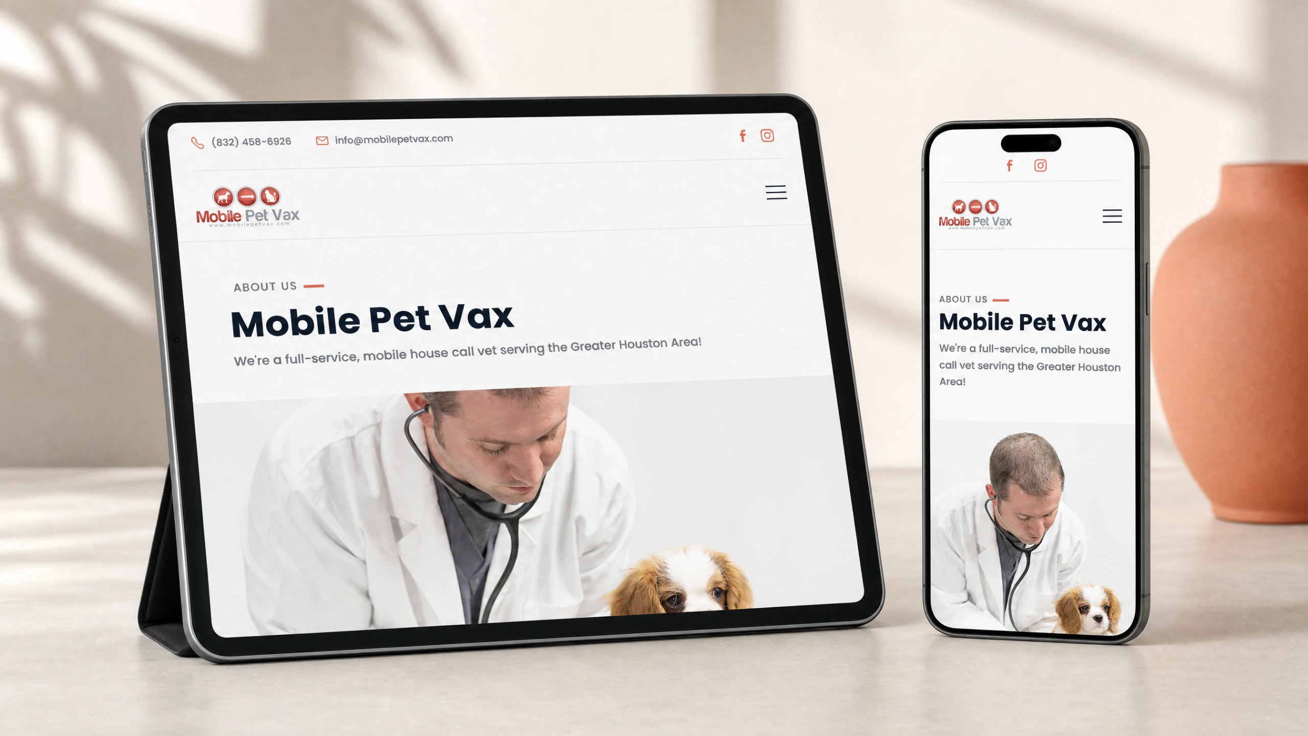 Mobile Pet Vax about page on tablet and phone in warm window light