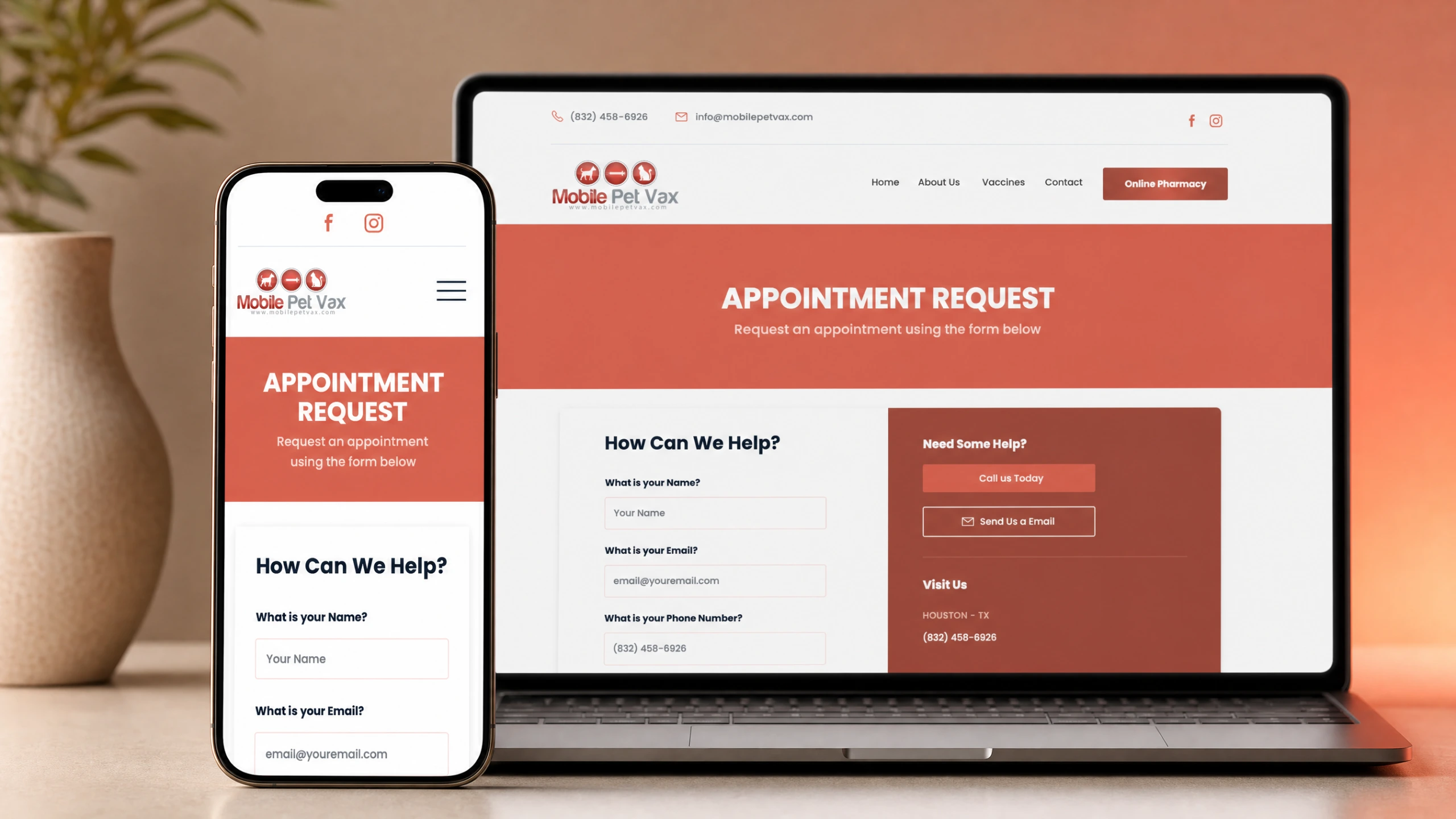Mobile Pet Vax appointment booking page on a smartphone with laptop in the background