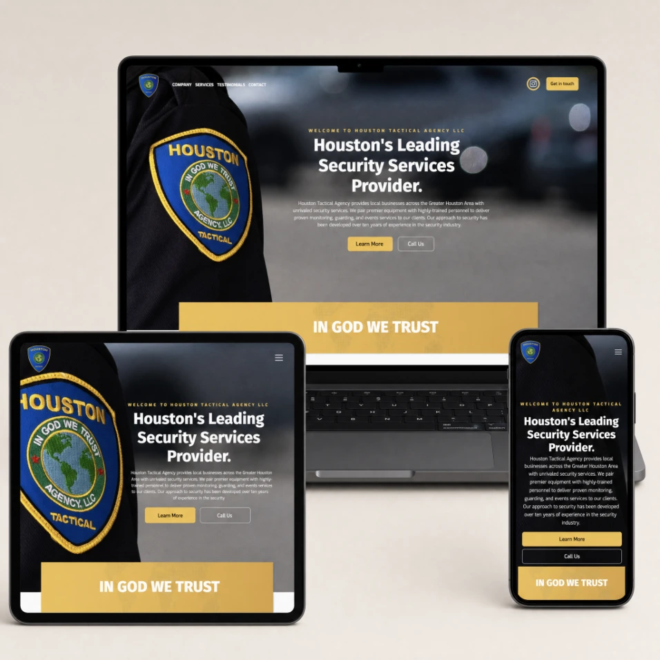 Responsive Houston Tactical Agency website on a laptop tablet and phone cluster