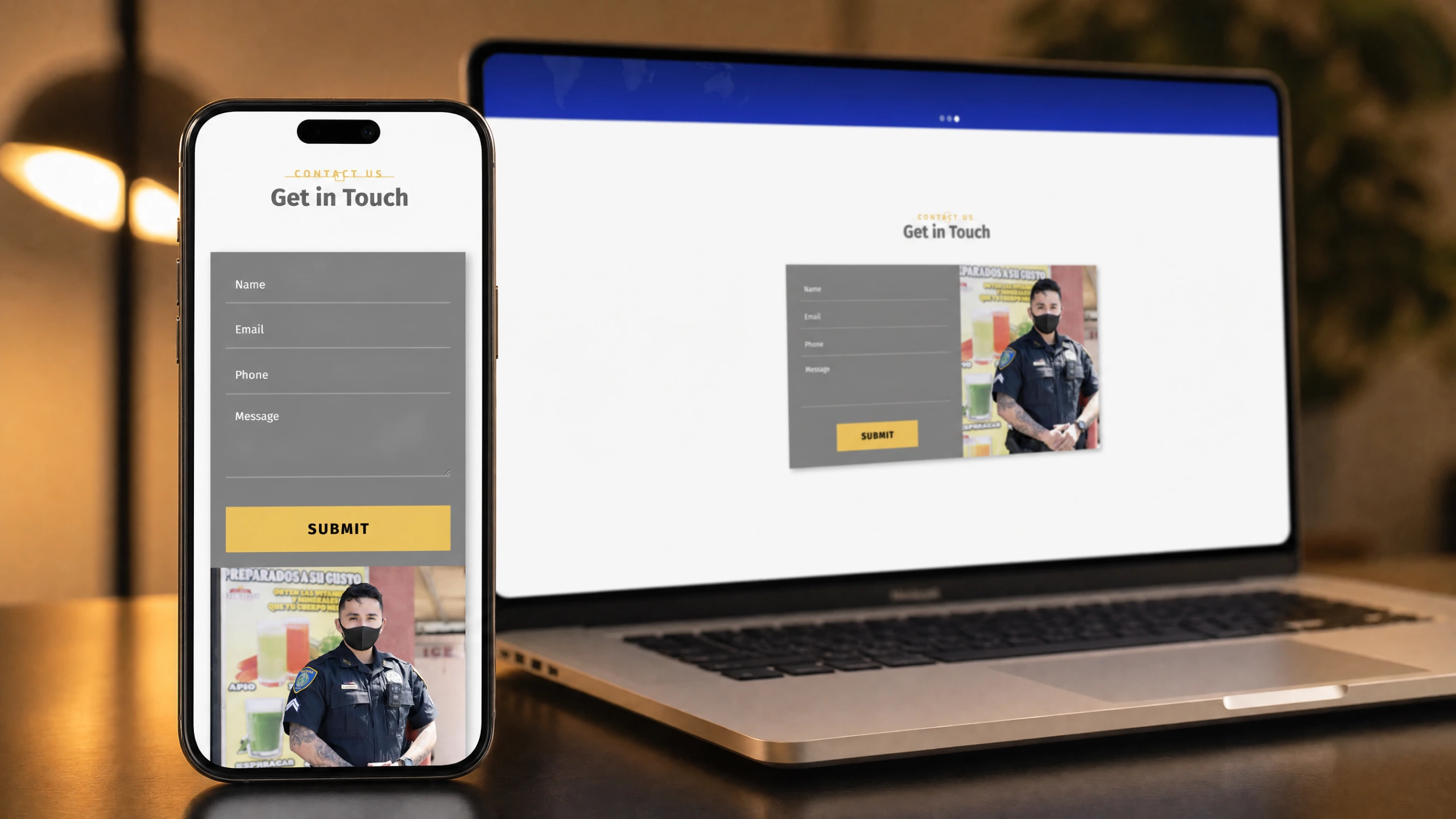 Houston Tactical Agency contact form on a smartphone with laptop in the background