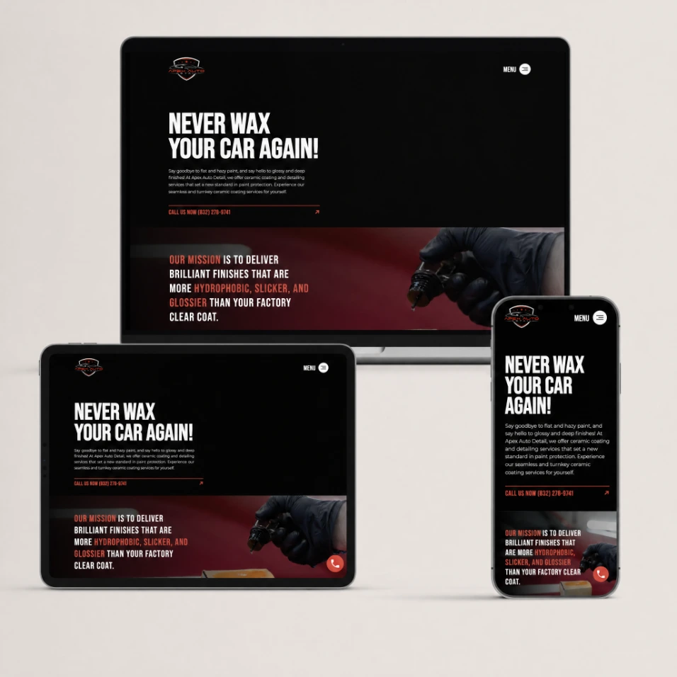 Responsive Apex Auto Detail website on a laptop tablet and phone cluster