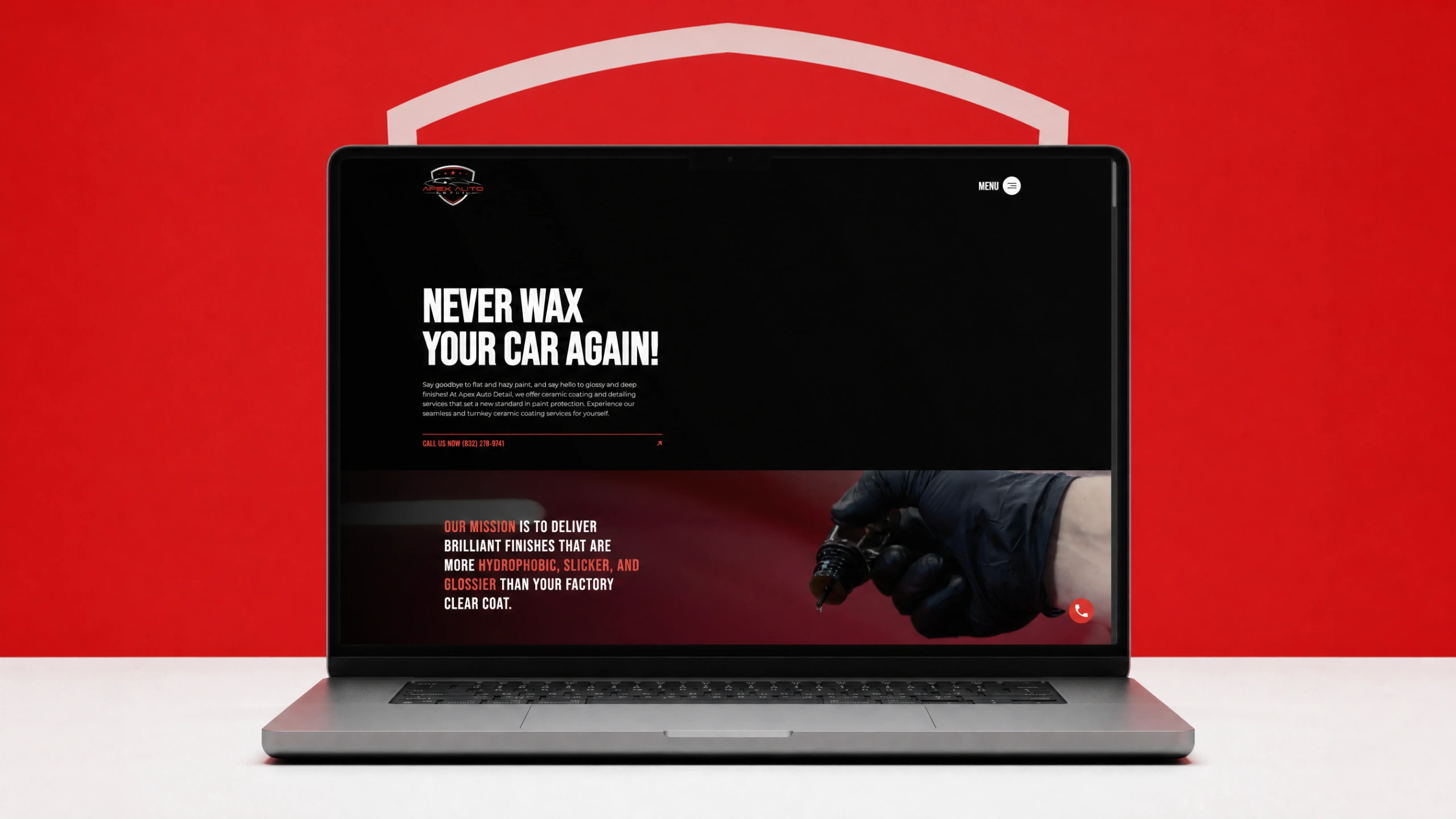 Apex Auto Detail landing page on a laptop with a racing red backdrop and shield emblem outline