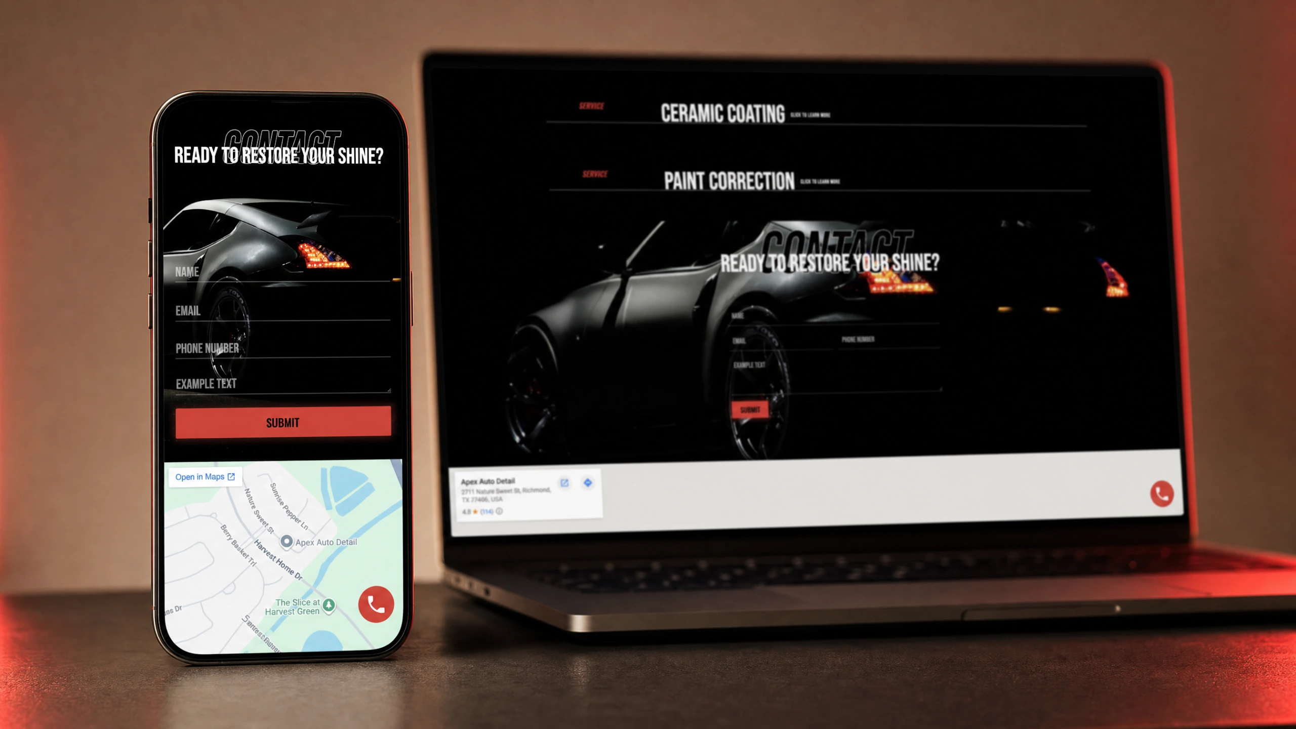 Apex Auto Detail contact section on a smartphone with laptop in the background