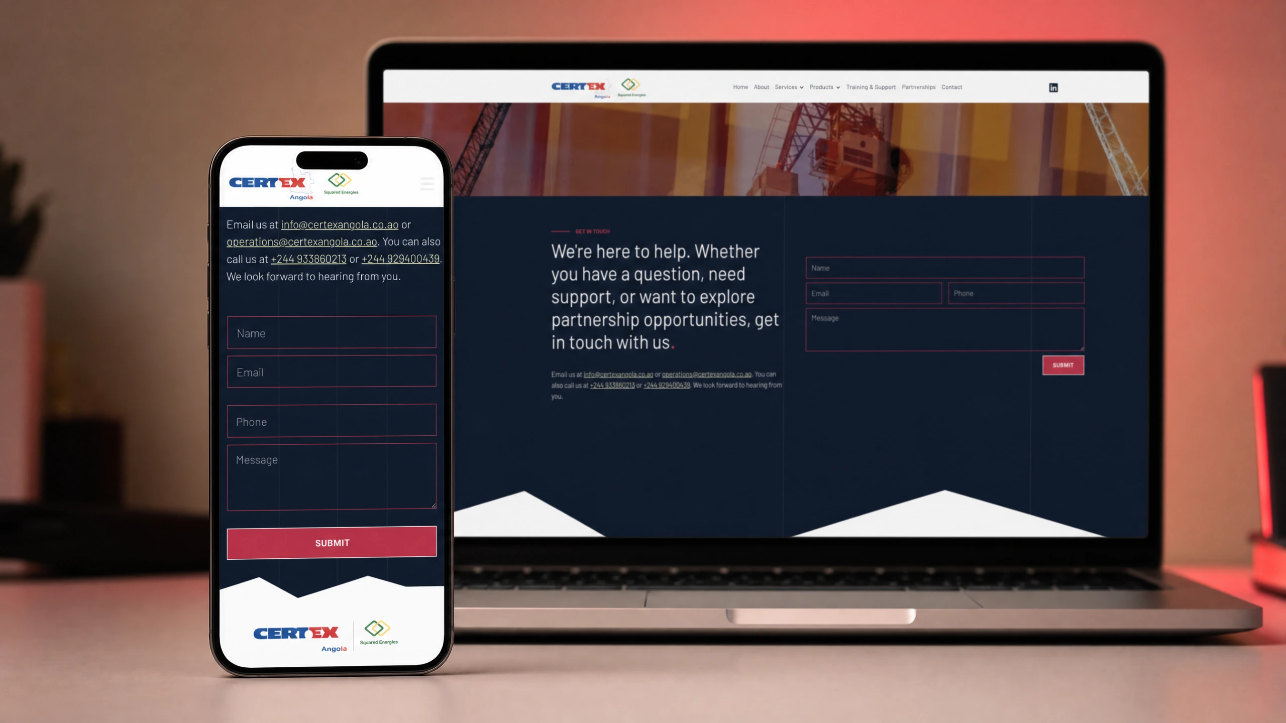 Certex Angola contact form on a smartphone with laptop in the background