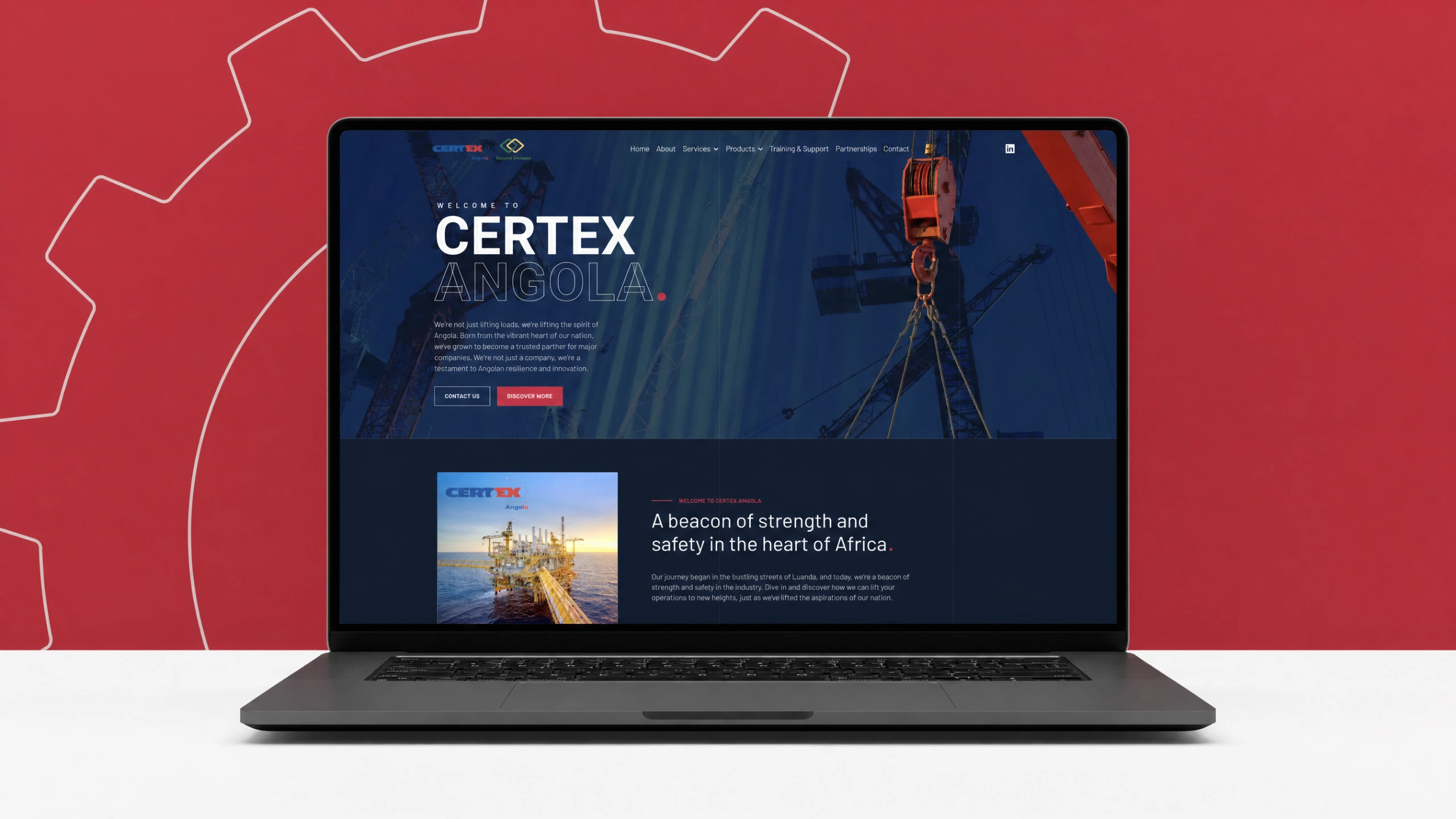 Certex Angola home page on a laptop with a crimson red backdrop and gear outline