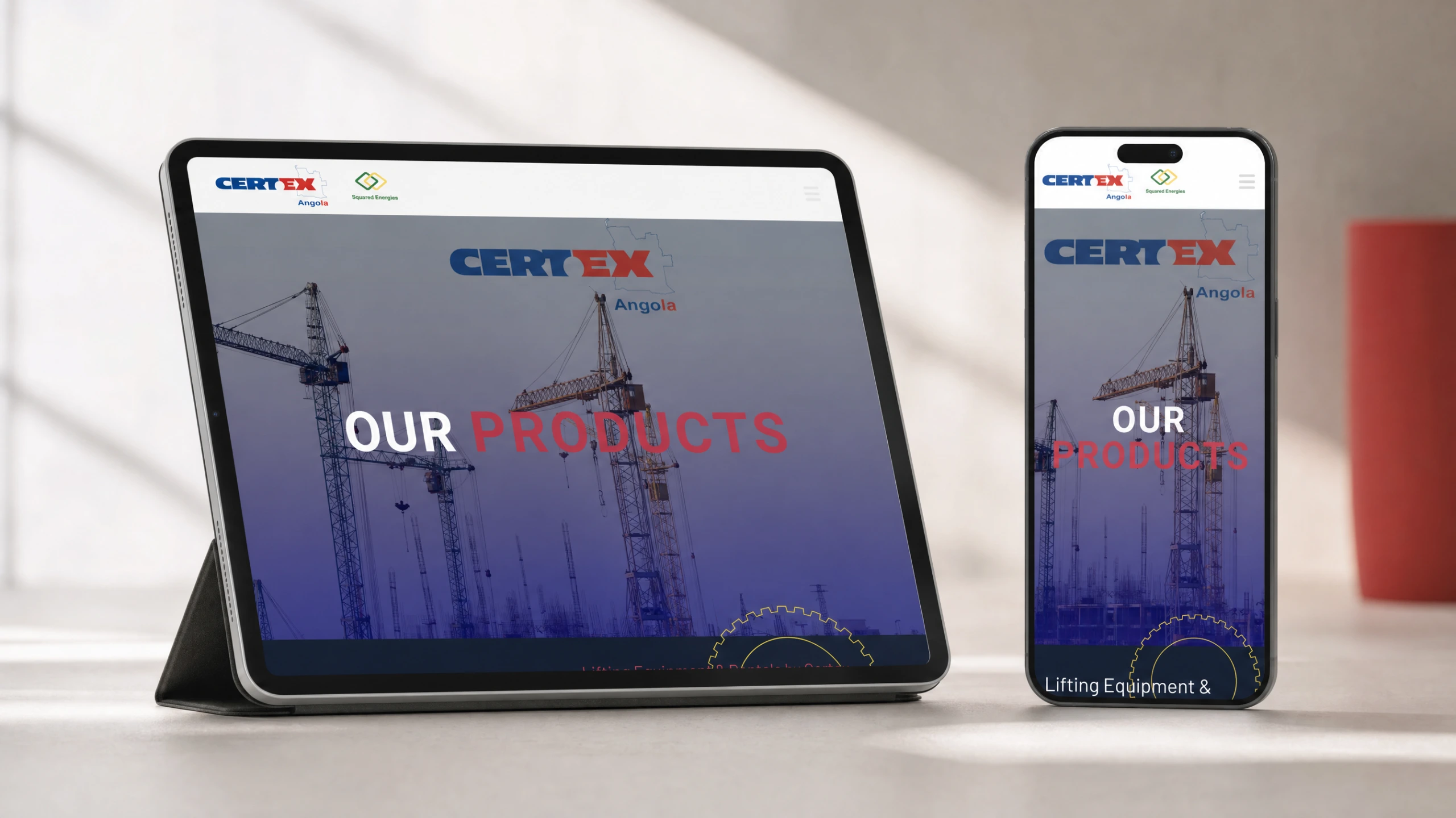 Certex Angola products page on tablet and phone in warm window light