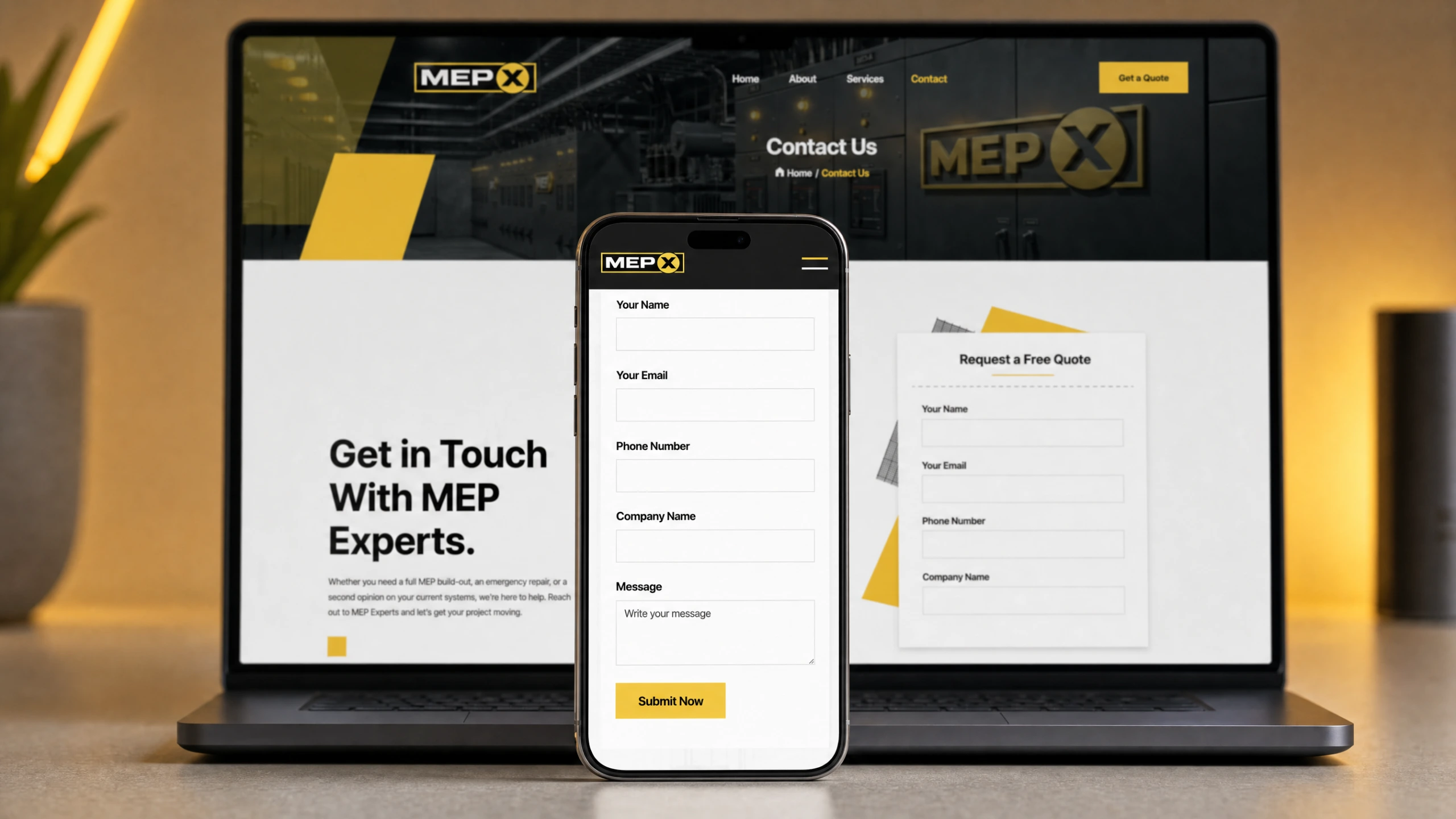 MEP Experts quote request and contact pages displayed across desktop and mobile devices