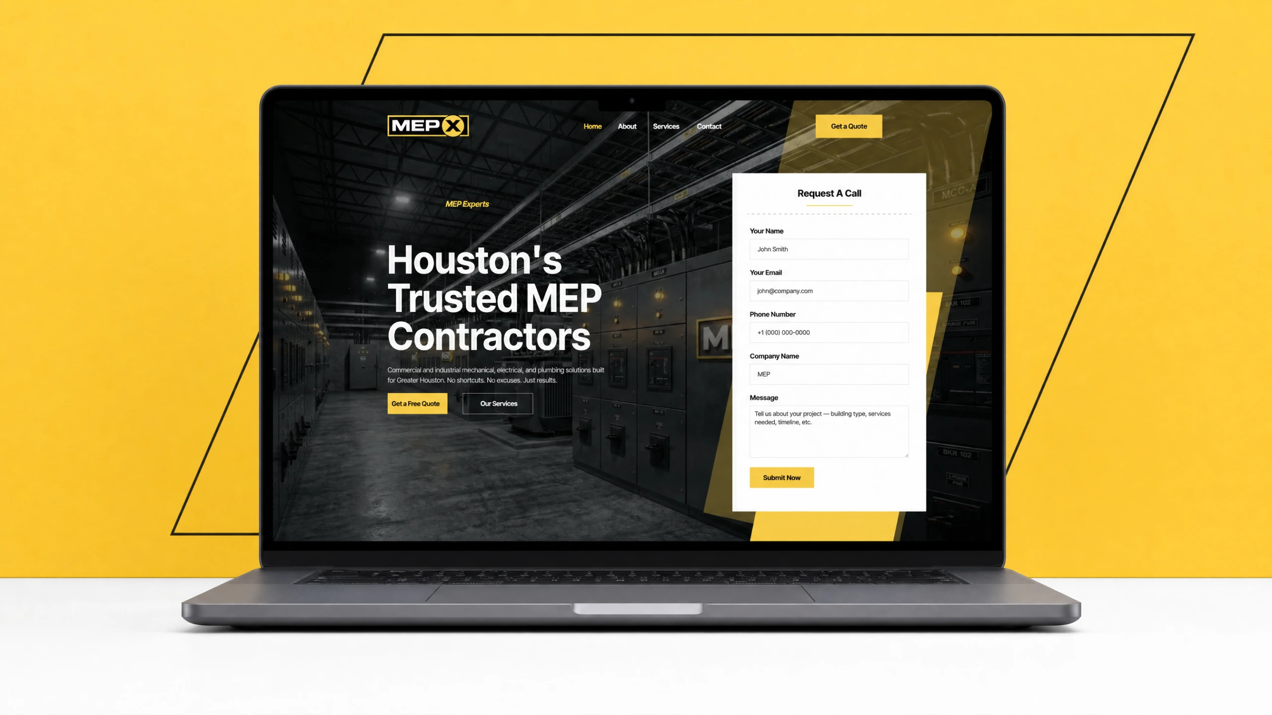 Rebranded MEP Experts website home page shown on laptop and phone with safety-yellow and charcoal branding
