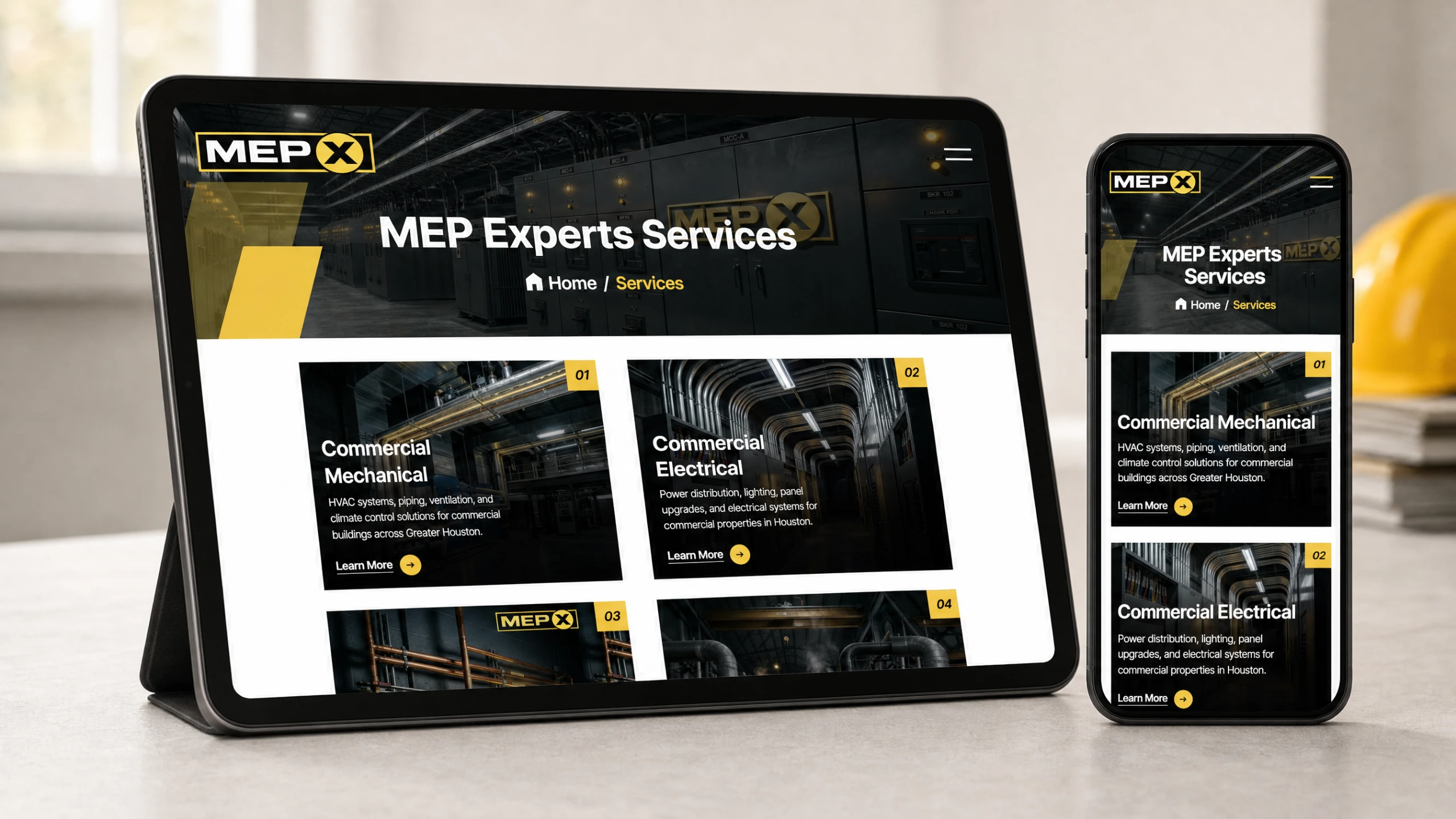 MEP Experts services pages showcased on multiple devices with angled yellow motif