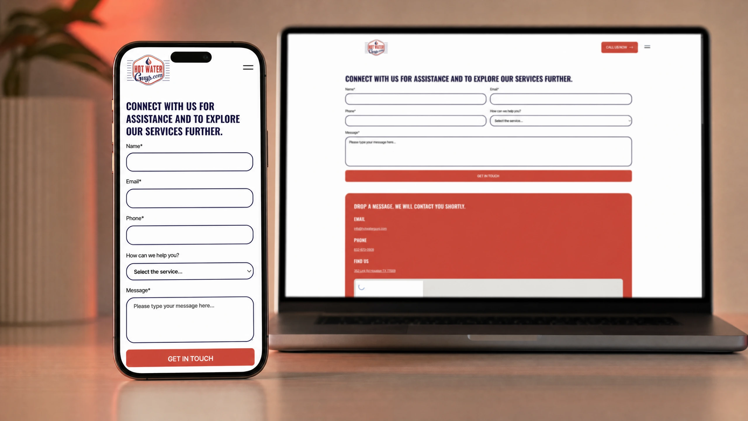 Hot Water Guys quote request contact page shown on phone and laptop mockups
