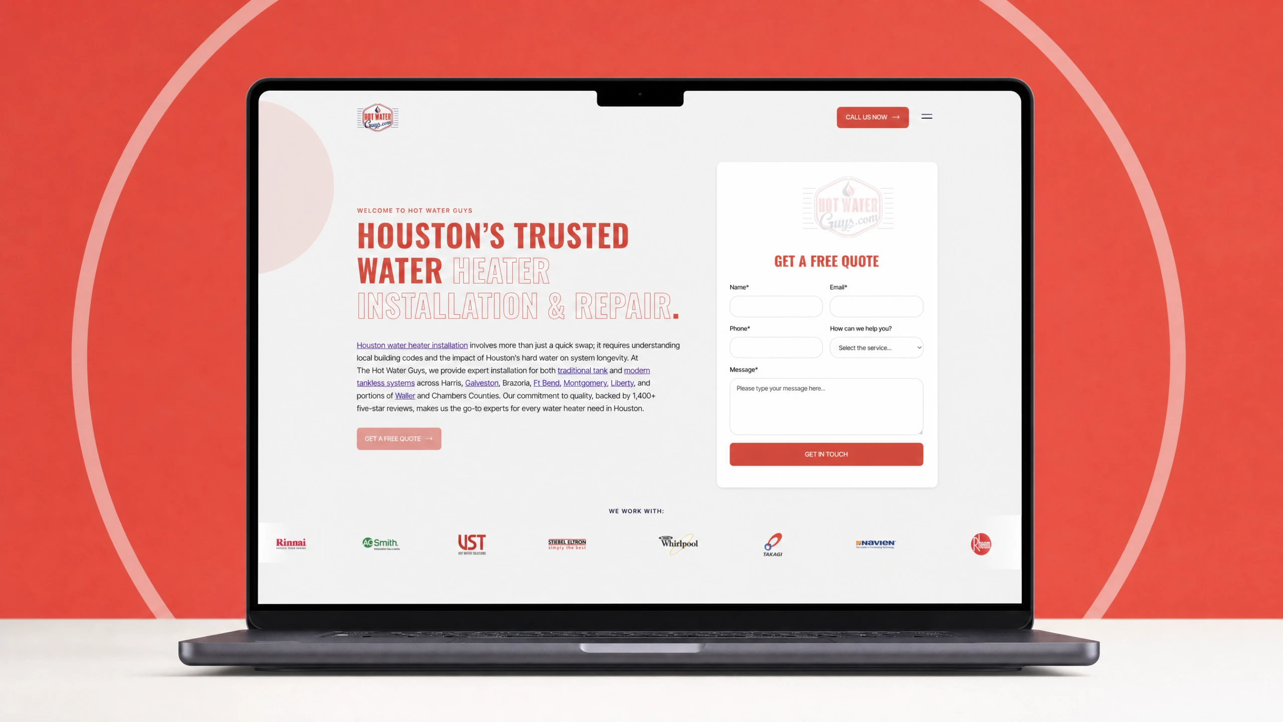Rebranded Hot Water Guys website home page on a laptop with coral red backdrop and circle ring motif