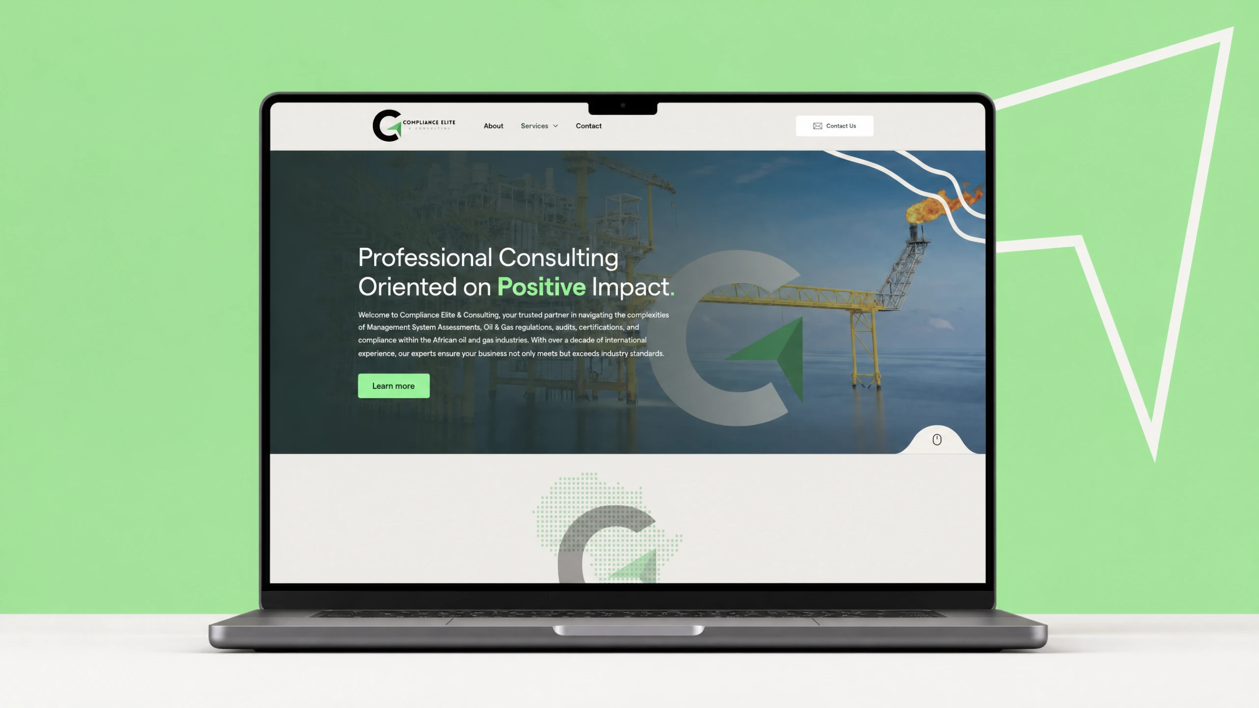 Compliance Elite website home page on a laptop with spring green backdrop and arrow motif