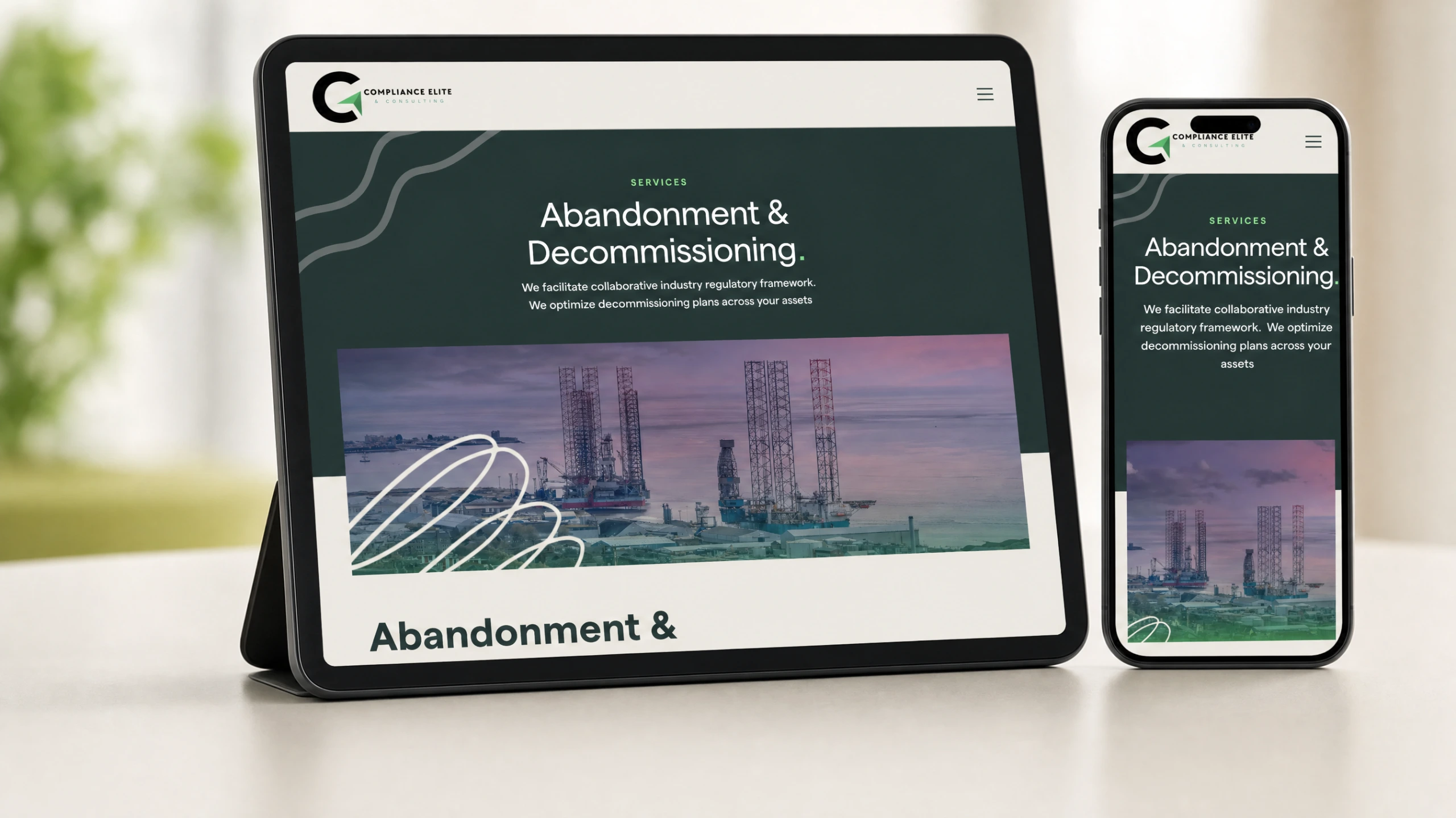 Compliance Elite decommissioning service pages on tablet and phone mockups