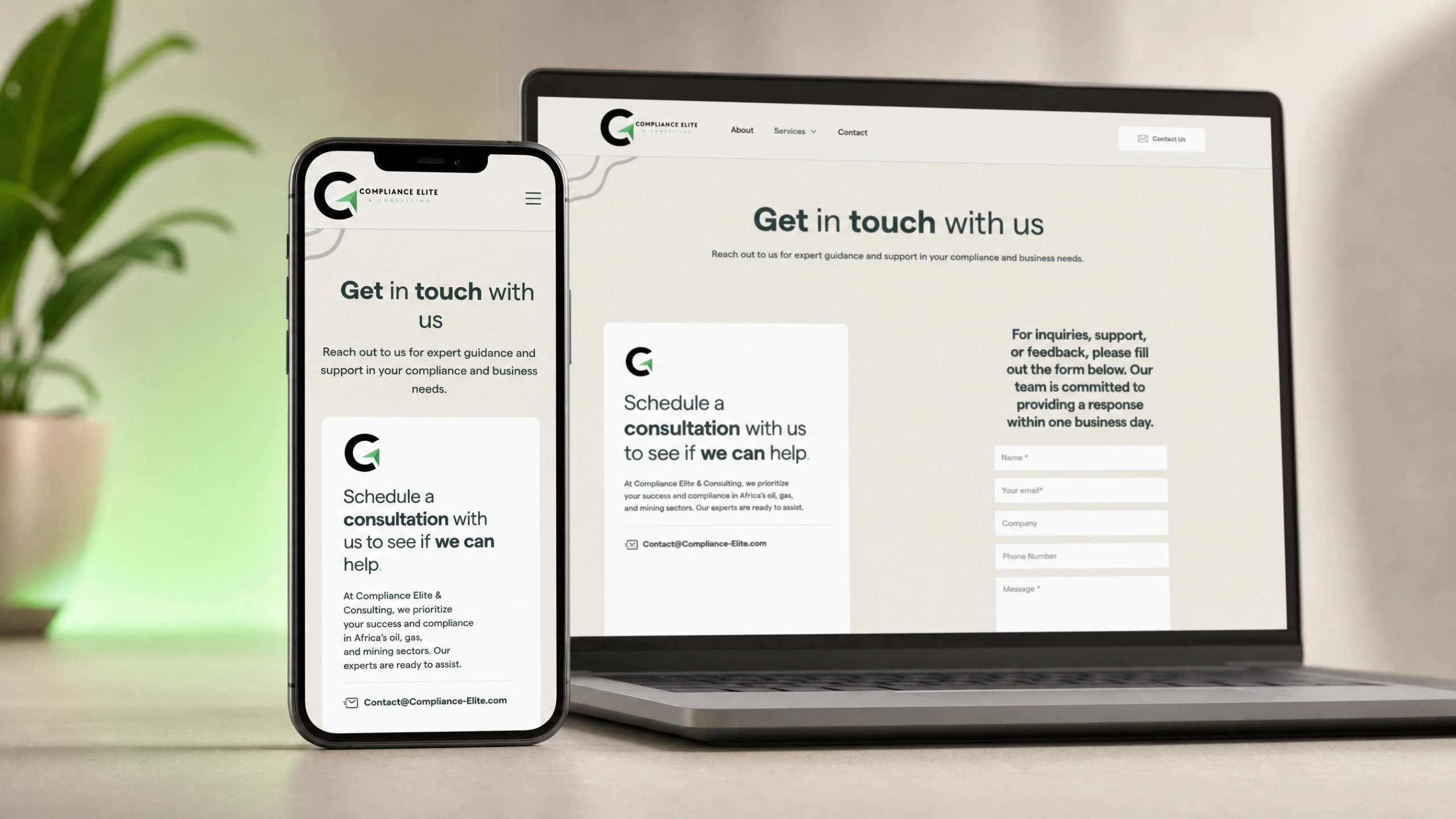 Compliance Elite consultation request page shown on phone and laptop mockups