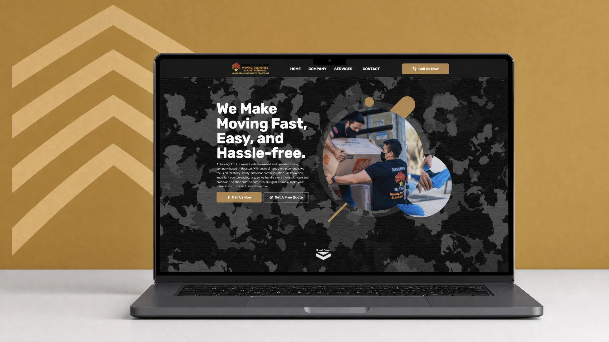 Mission Minded Moving website home page on a laptop with tan gold backdrop and chevron motif