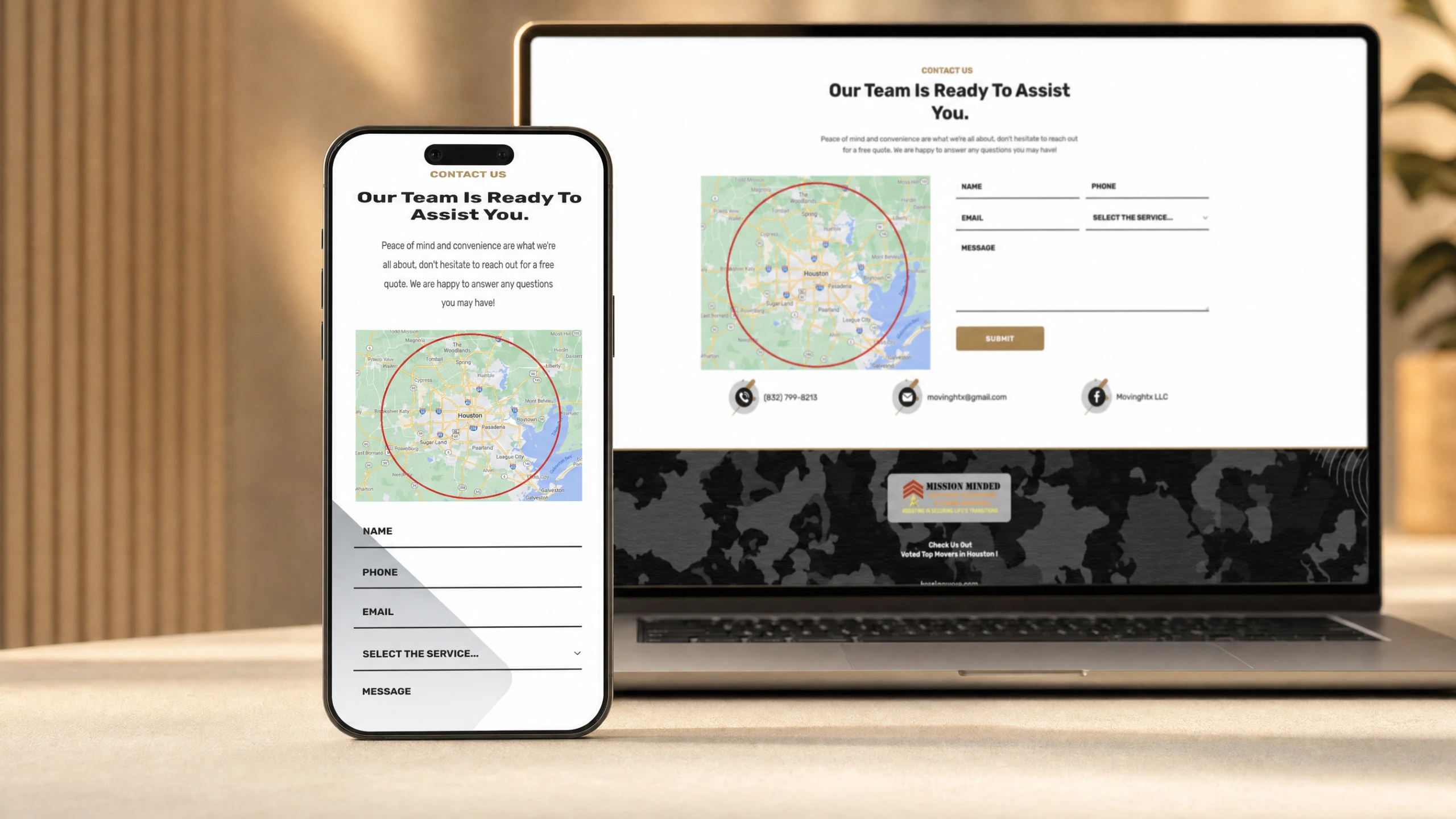 Mission Minded Moving quote request contact section shown on phone and laptop mockups