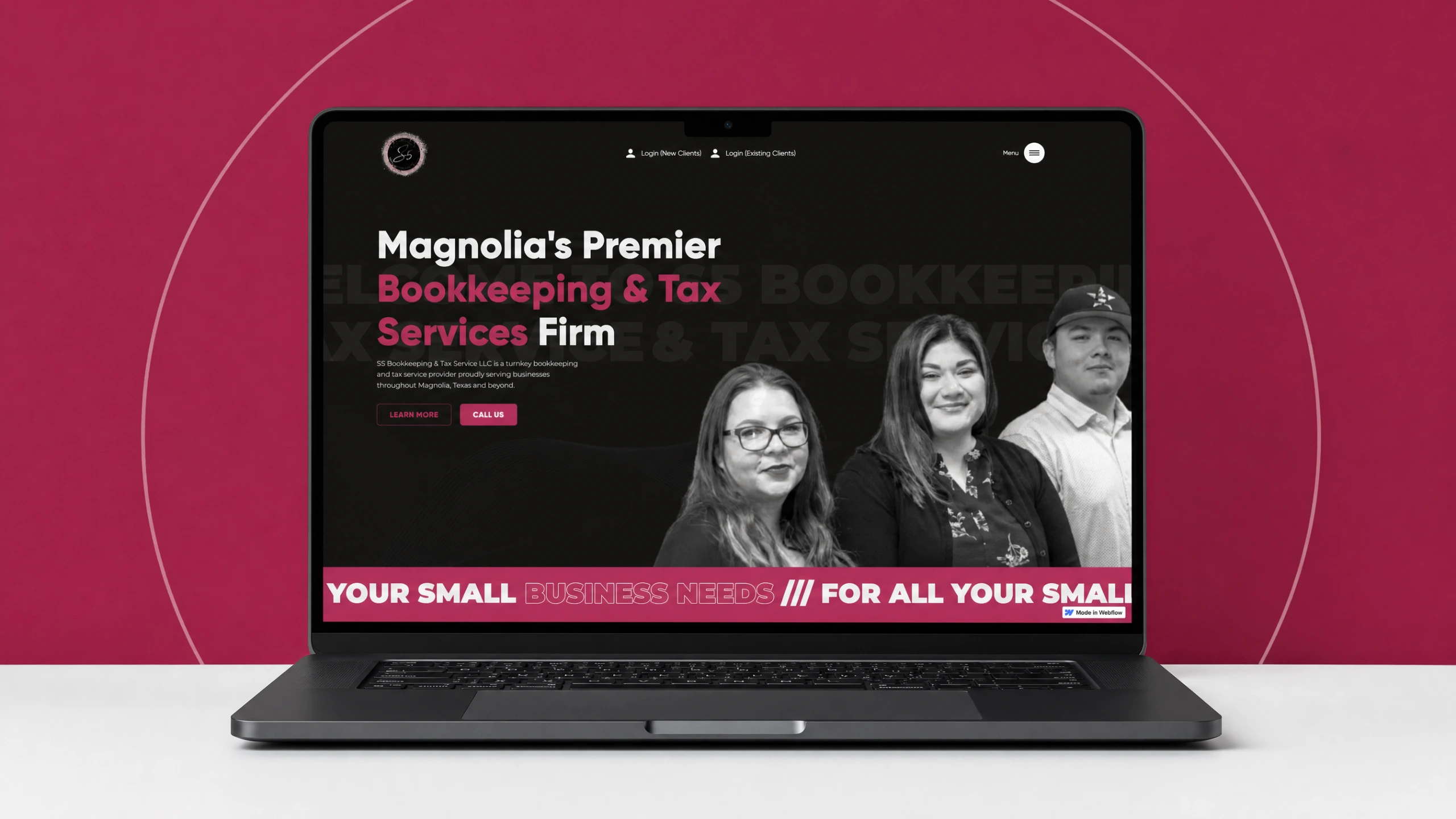 Redesigned S5 Bookkeeping home page on a laptop in front of a raspberry magenta panel with a circular badge motif