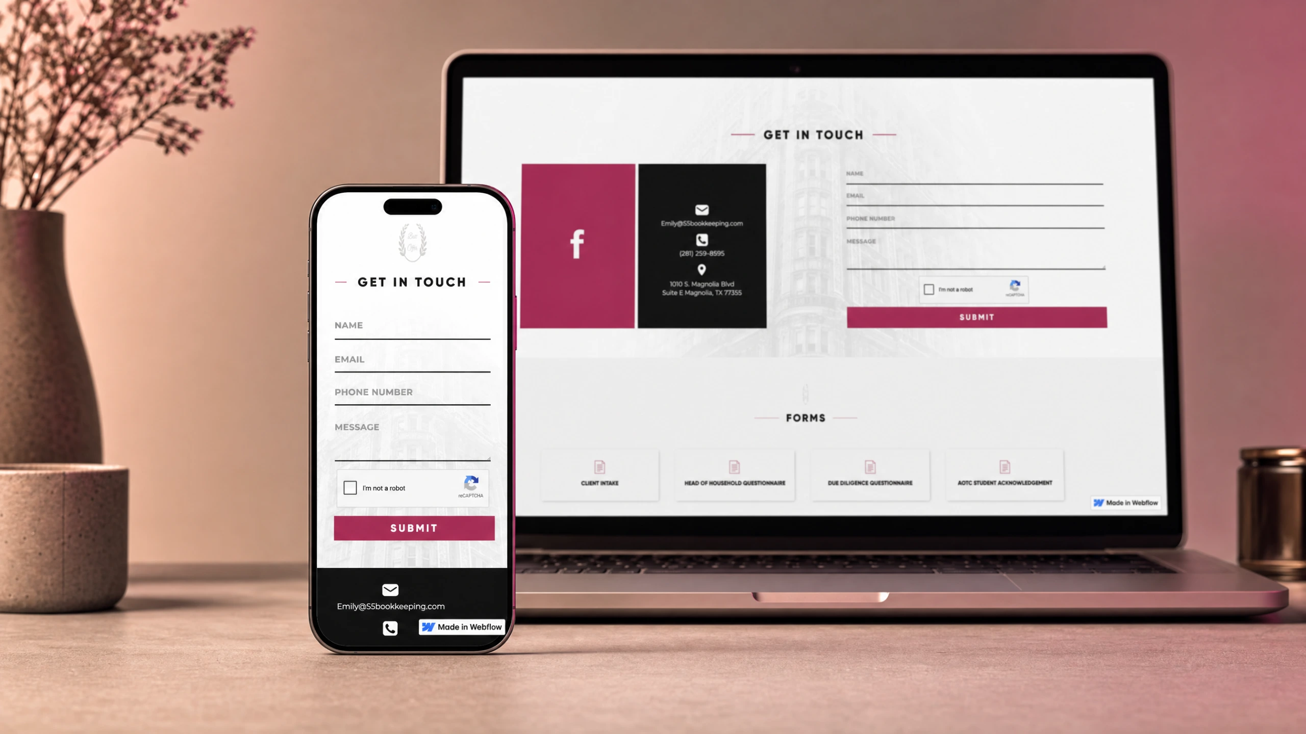 S5 Bookkeeping contact page on a smartphone with the desktop booking page blurred on a laptop behind