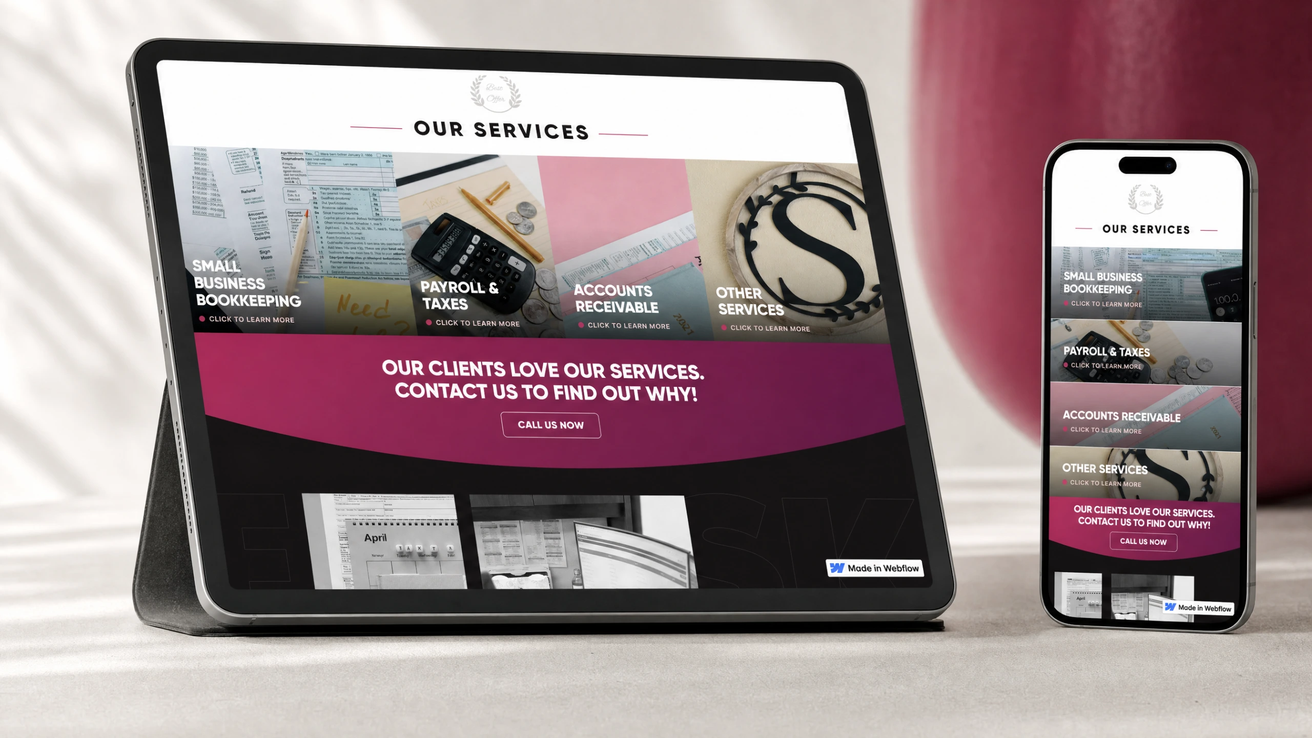 S5 Bookkeeping services shown on a tablet and phone side by side in soft window light